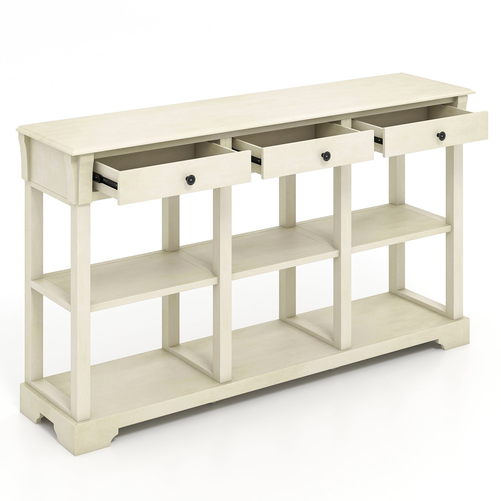 58 Inch Retro Console Table with 3 Drawers and Open Shelves Rectangular Entryway Table, White Console Tables   at Gallery Canada