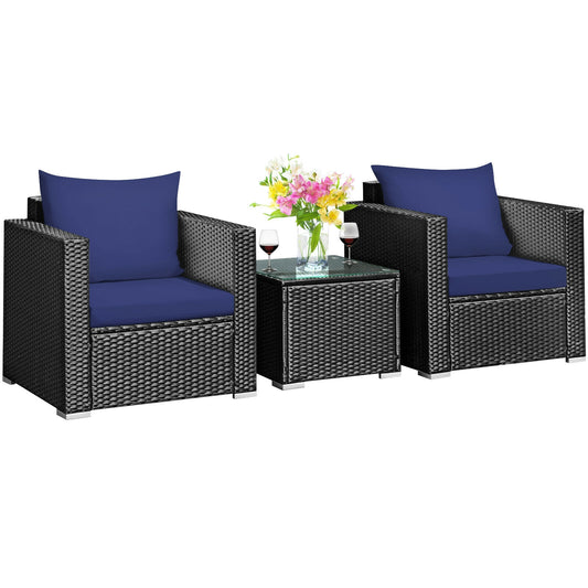 3 Pieces Patio Wicker Furniture Set with Cushion, Navy Patio Conversation Sets Navy  at Gallery Canada