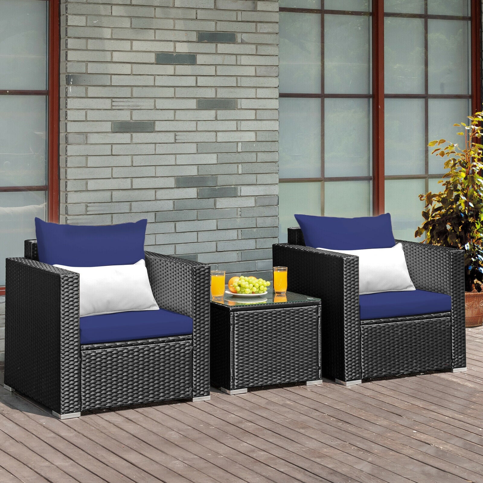 3 Pieces Patio Wicker Furniture Set with Cushion, Navy Patio Conversation Sets   at Gallery Canada