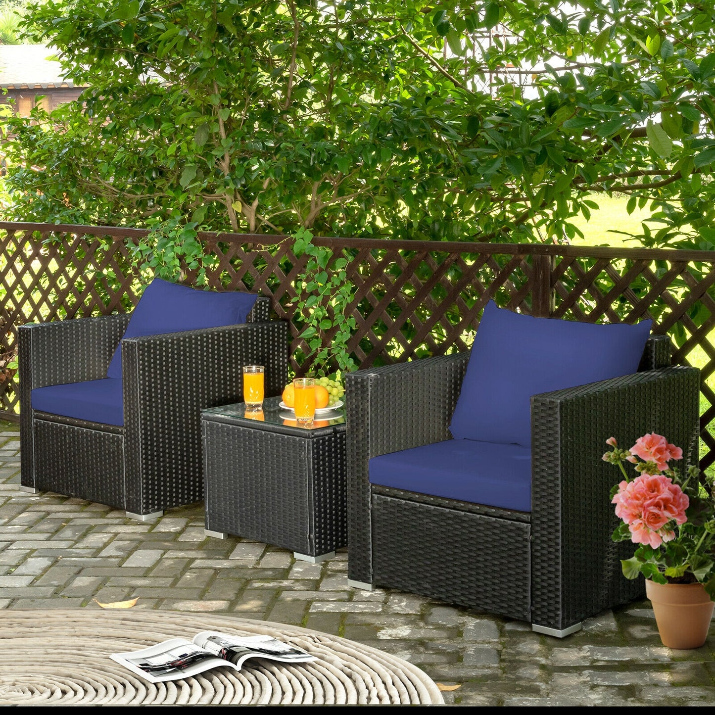 3 Pieces Patio Wicker Furniture Set with Cushion, Navy Patio Conversation Sets   at Gallery Canada