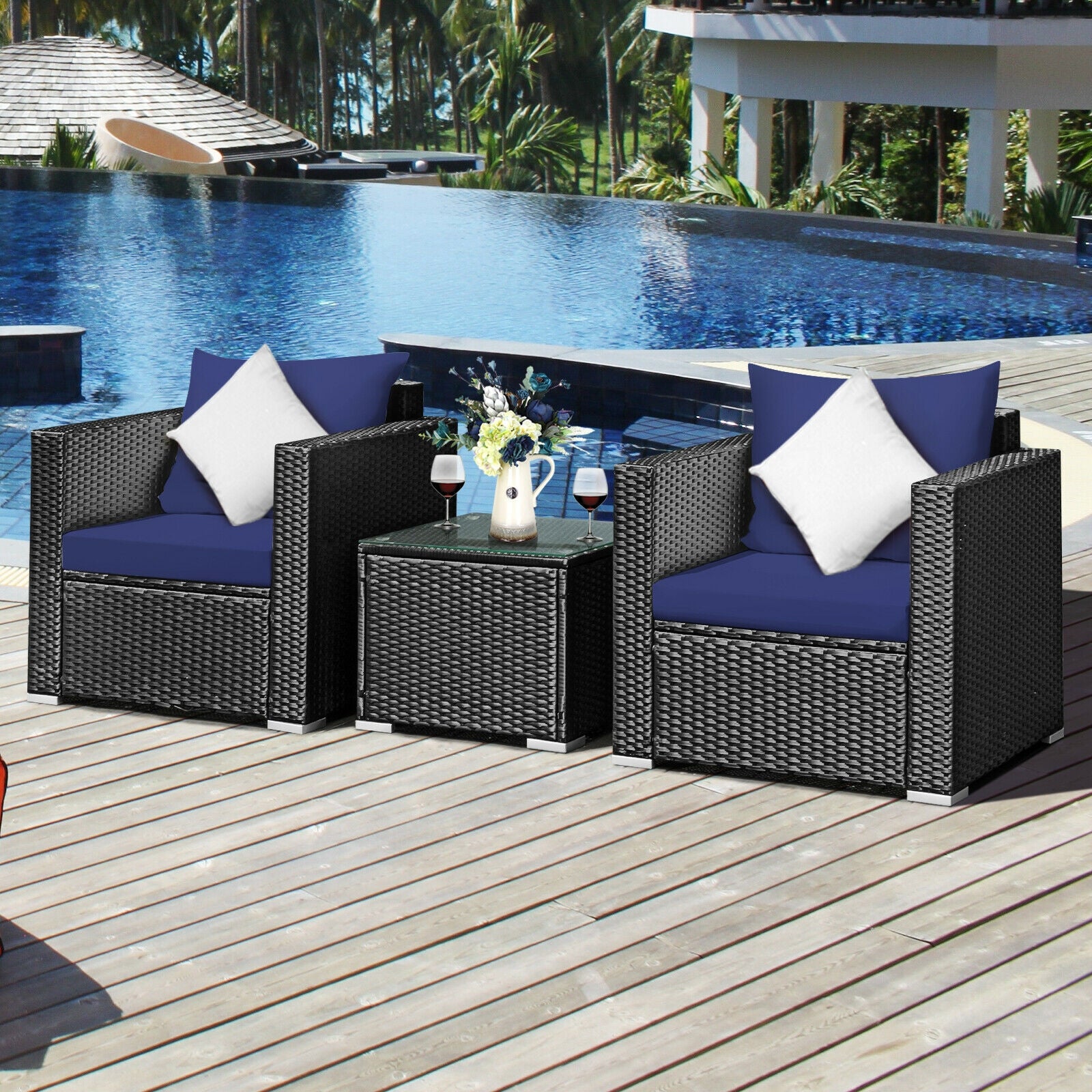 3 Pieces Patio Wicker Furniture Set with Cushion, Navy Patio Conversation Sets   at Gallery Canada