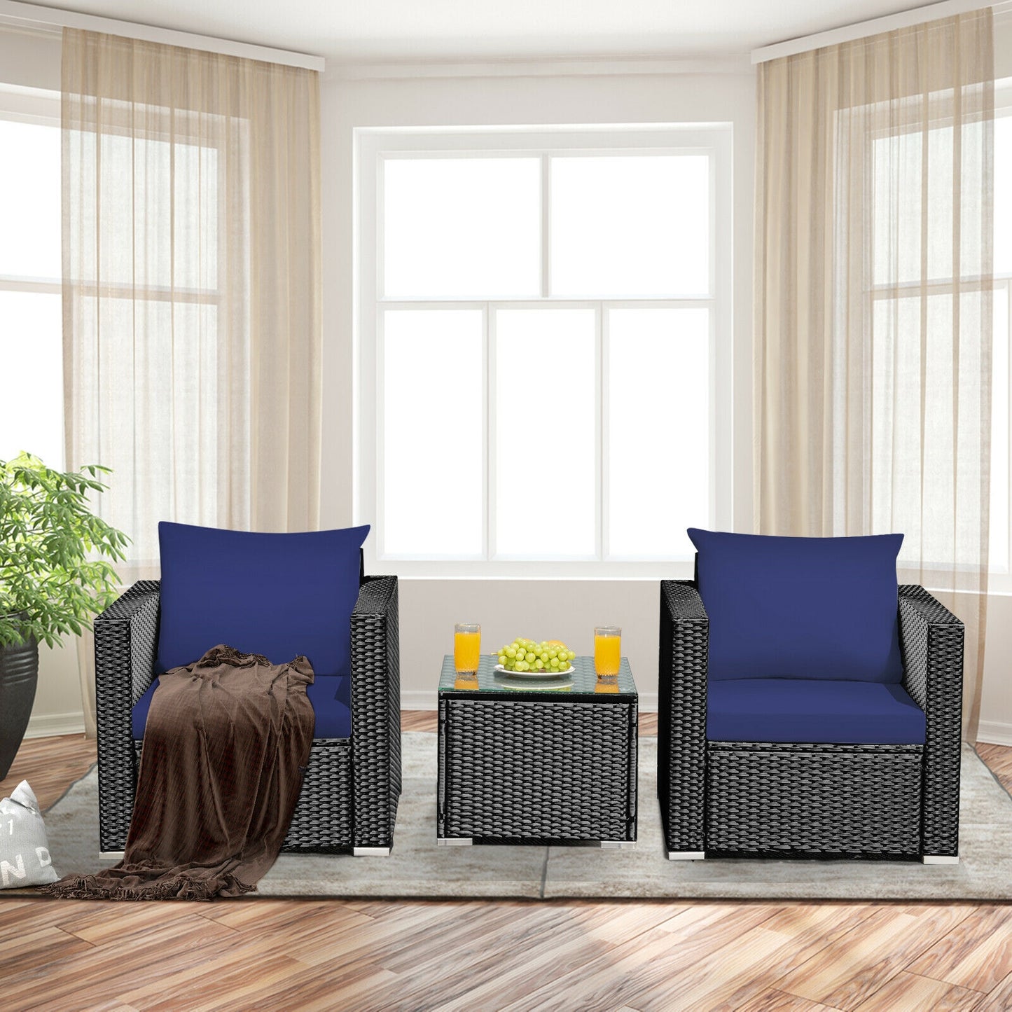 3 Pieces Patio Wicker Furniture Set with Cushion, Navy Patio Conversation Sets   at Gallery Canada