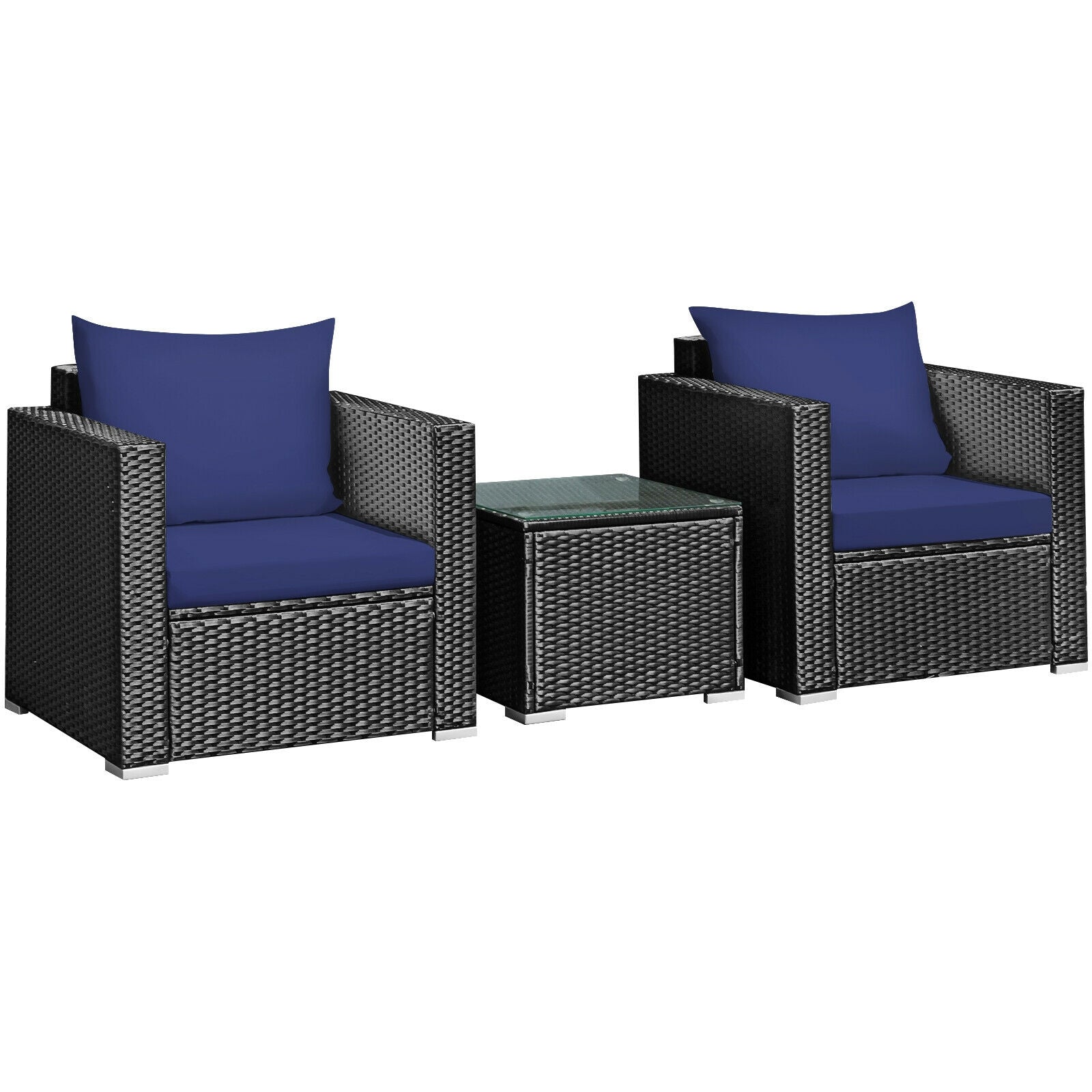 3 Pieces Patio Wicker Furniture Set with Cushion, Navy Patio Conversation Sets   at Gallery Canada