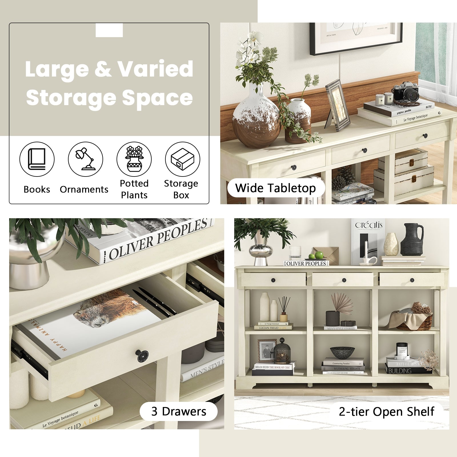 58 Inch Retro Console Table with 3 Drawers and Open Shelves Rectangular Entryway Table, White Console Tables   at Gallery Canada