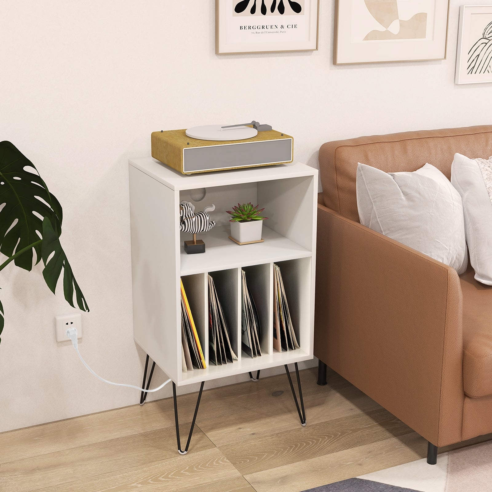 Record Player Stand with Charging Station for Living Room Bedroom, White End & Side Tables   at Gallery Canada