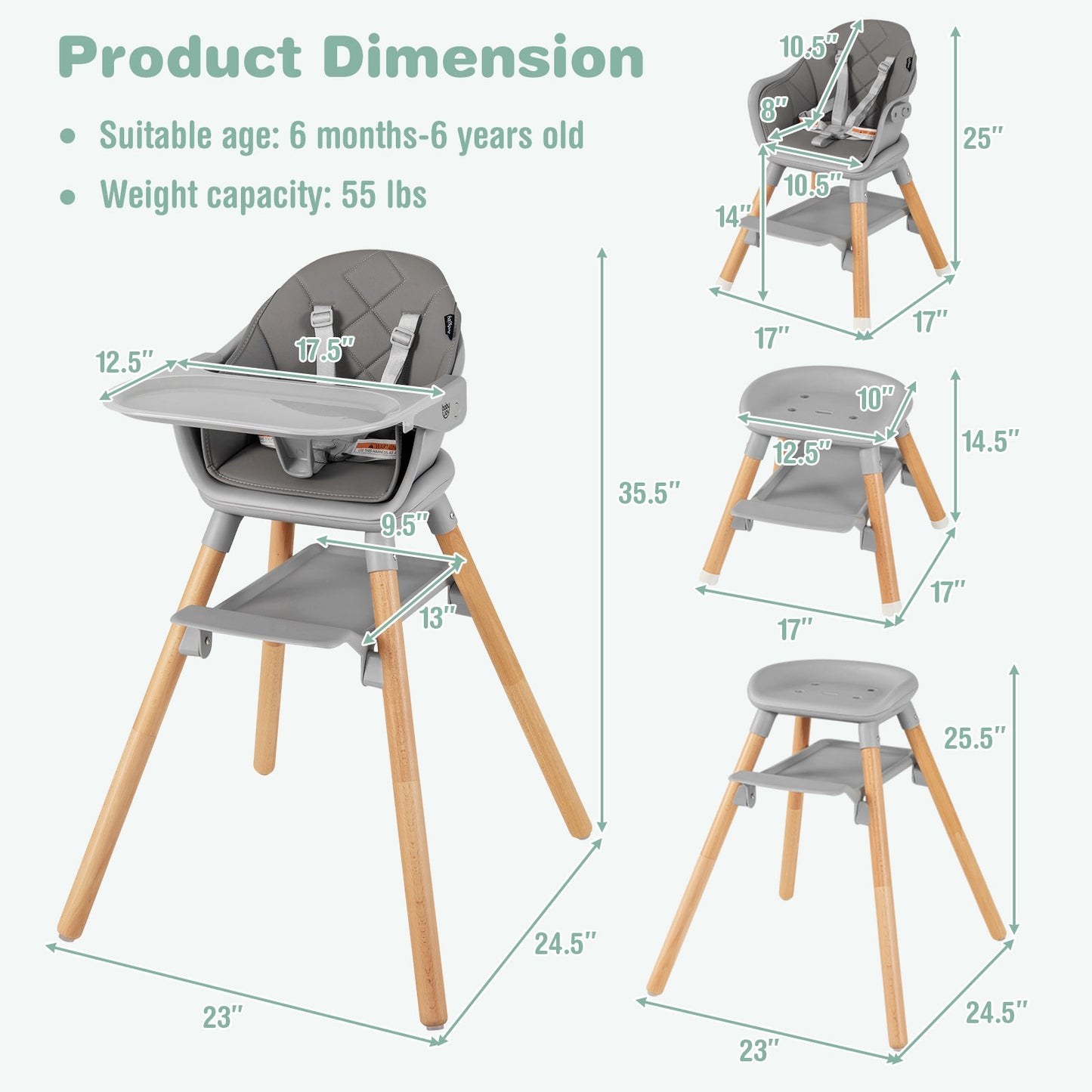 6 in 1 Convertible Highchair with Safety Harness and Removable Tray, Gray High Chairs   at Gallery Canada