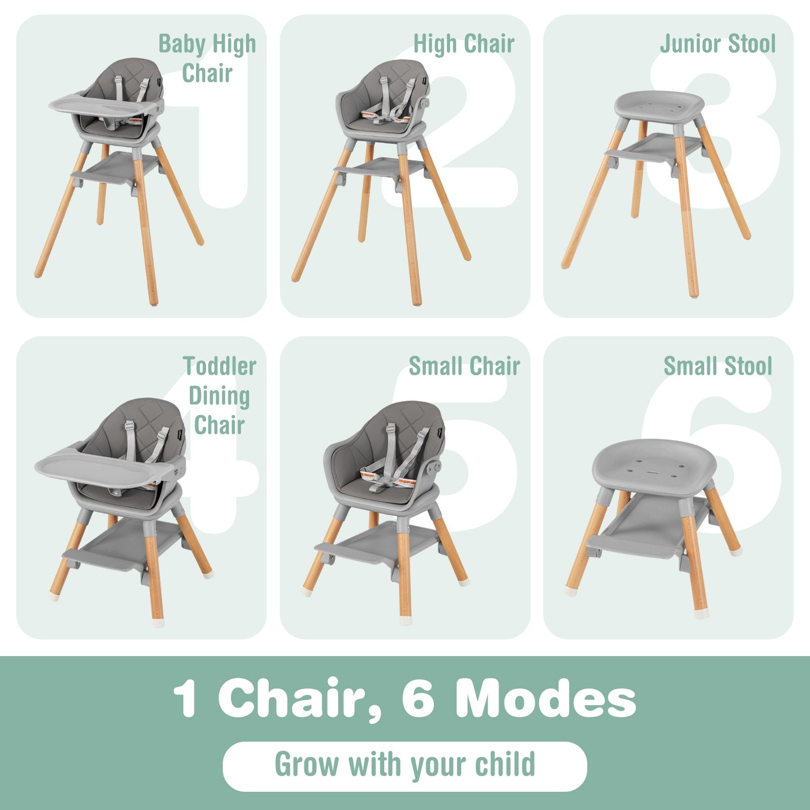 6 in 1 Convertible Highchair with Safety Harness and Removable Tray, Gray High Chairs   at Gallery Canada