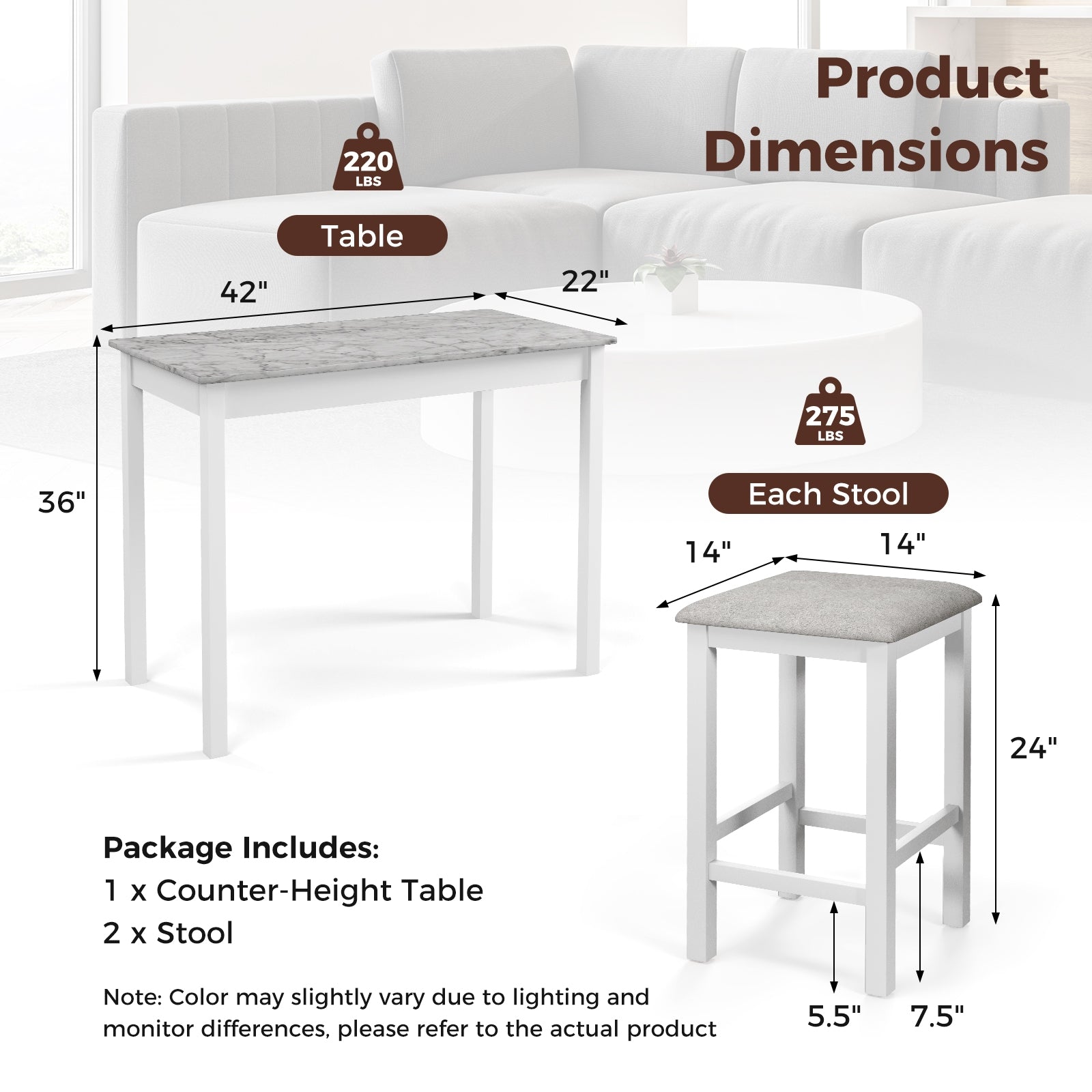 3-Piece Bar Table Set Dining Table and 2 Bar Stools, White Dining Room Sets   at Gallery Canada