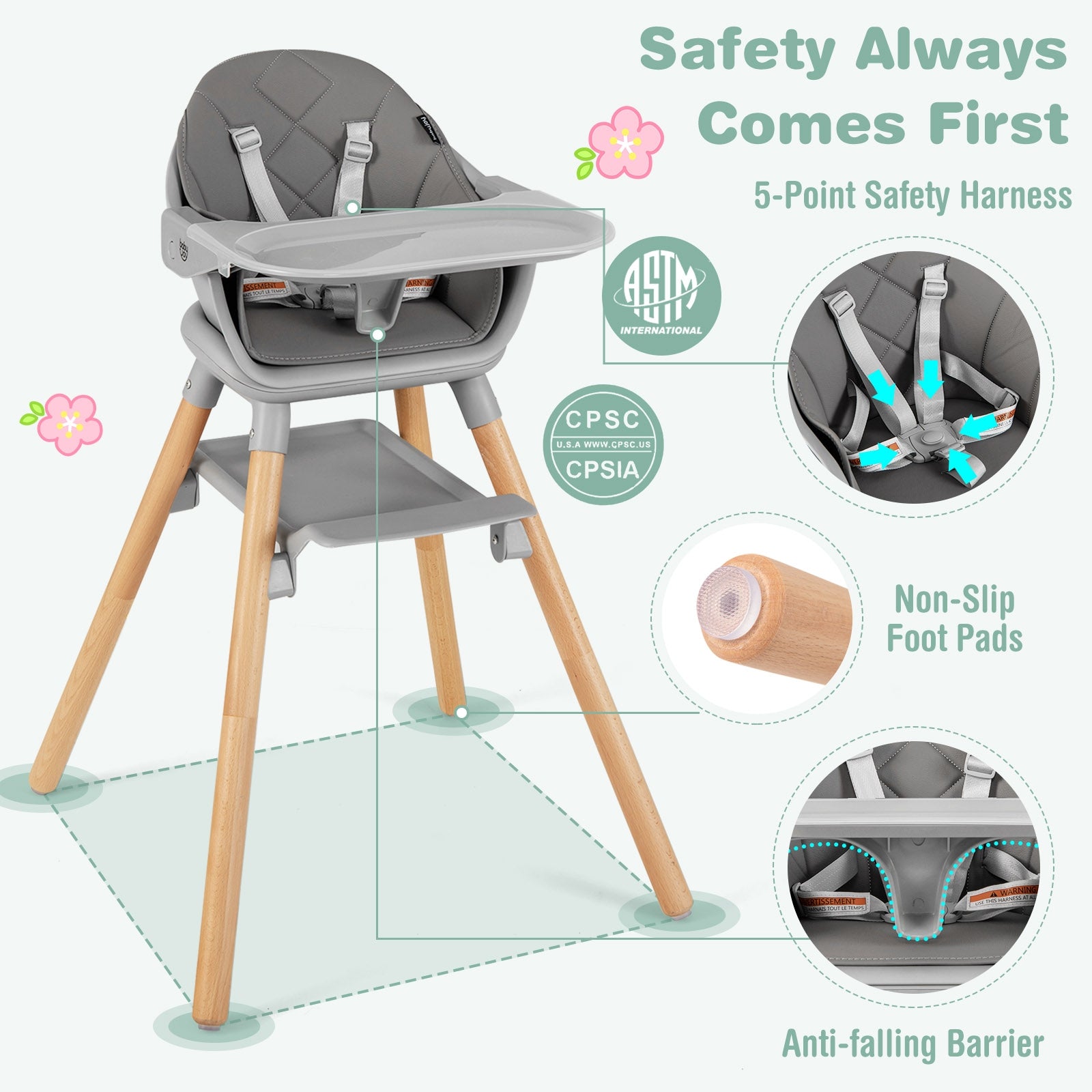 6 in 1 Convertible Highchair with Safety Harness and Removable Tray, Gray High Chairs   at Gallery Canada