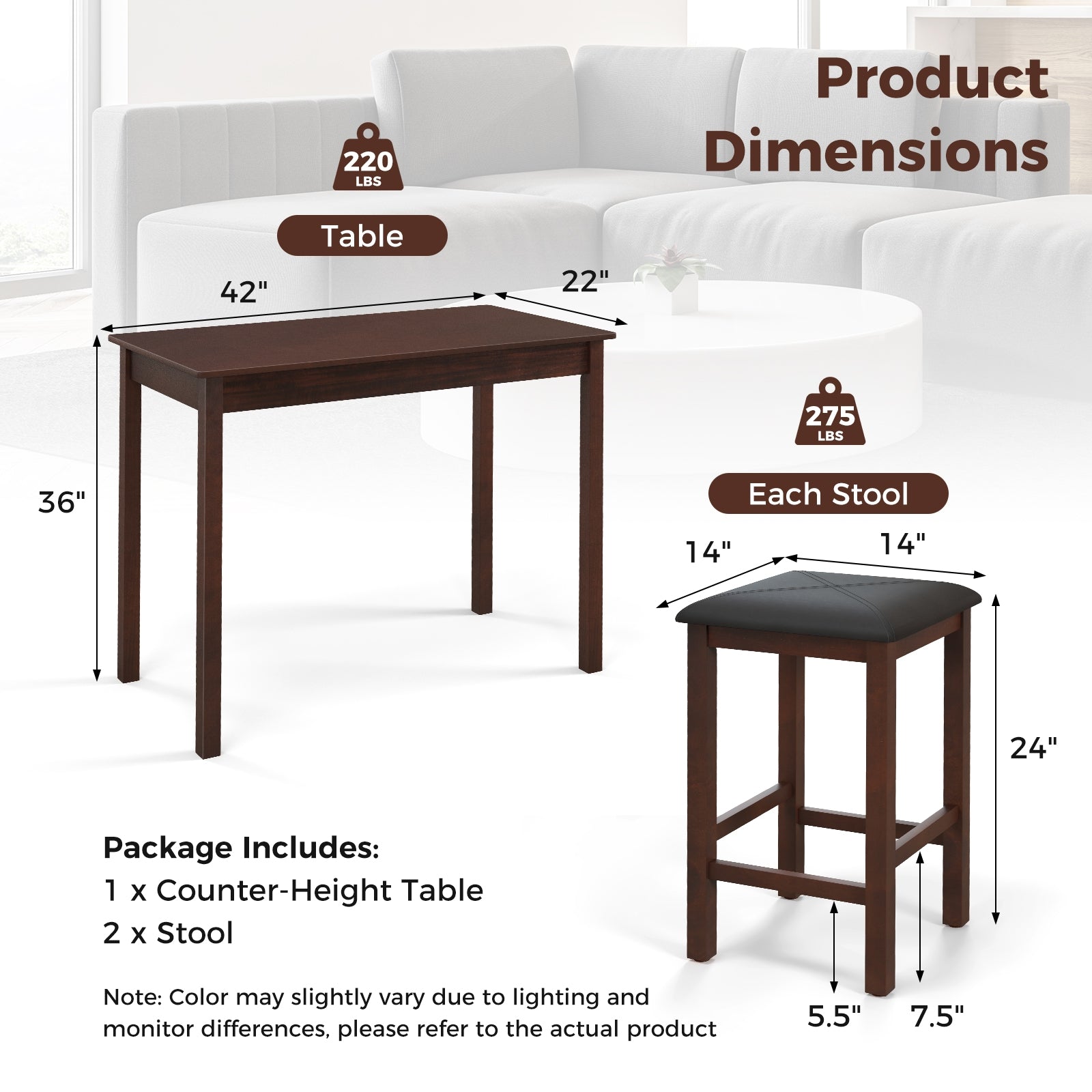 Pub Counter-Height Dining Table and 2 Upholstered Bar Stools, Brown Dining Room Sets   at Gallery Canada