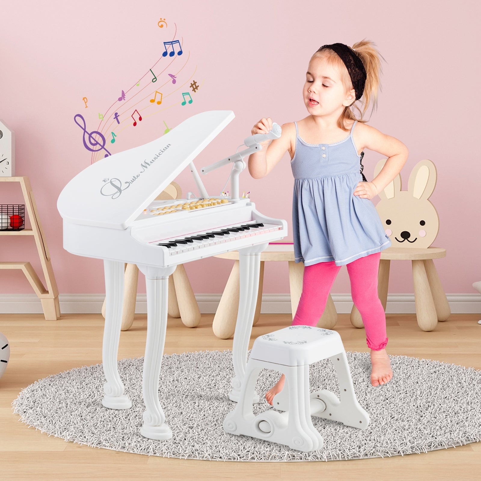 37 Keys Kids Piano Keyboard with Stool and Piano Lid, White Pianos & Keyboards   at Gallery Canada