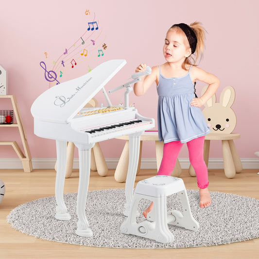 37 Keys Kids Piano Keyboard with Stool and Piano Lid, White - Gallery Canada