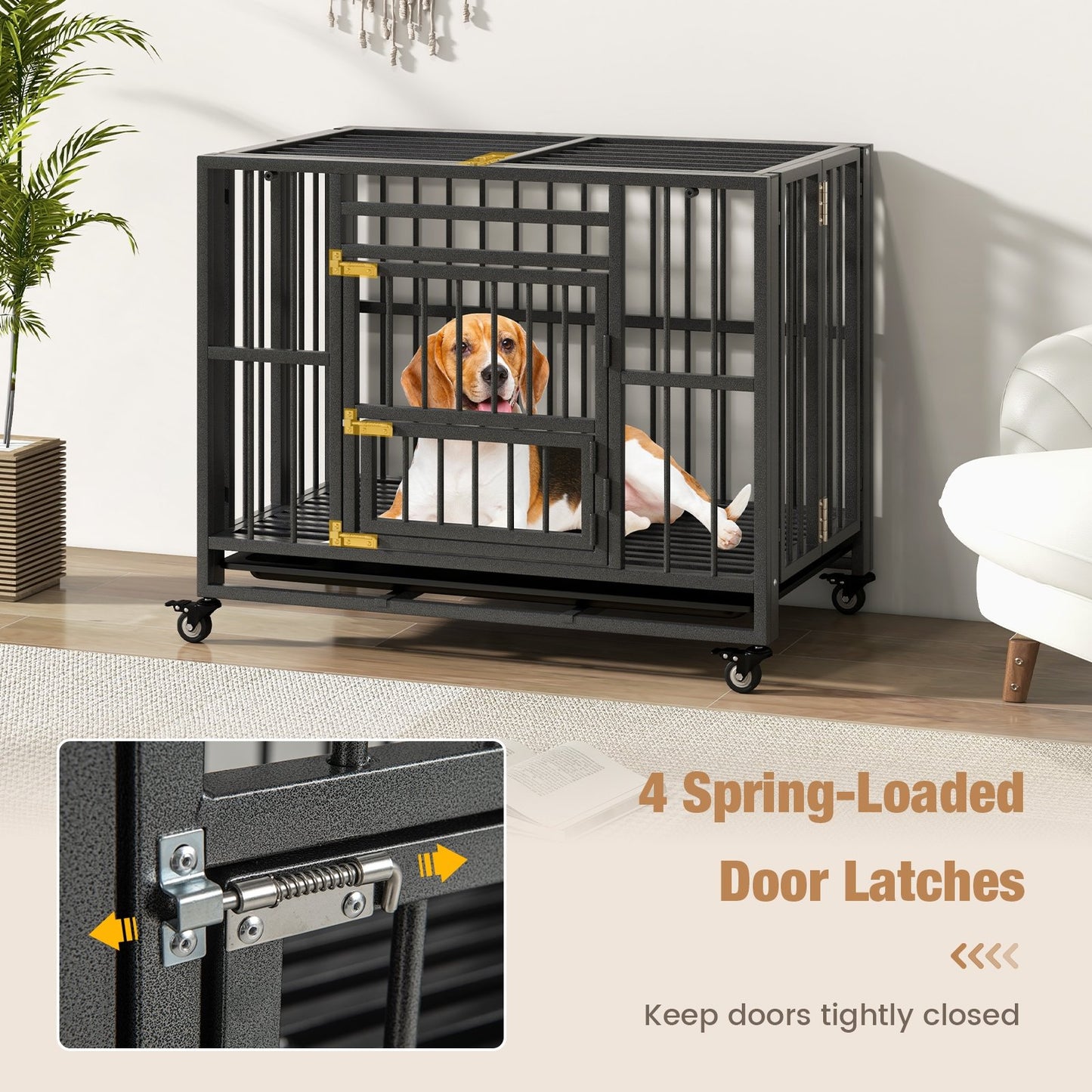 Foldable Heavy-Duty Metal Dog Cage Chew-proof Dog Crate with Lockable Universal Wheels, Black Dog Kennels   at Gallery Canada