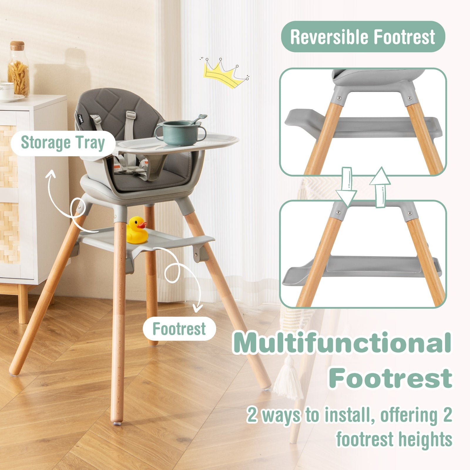 6 in 1 Convertible Highchair with Safety Harness and Removable Tray, Gray High Chairs   at Gallery Canada