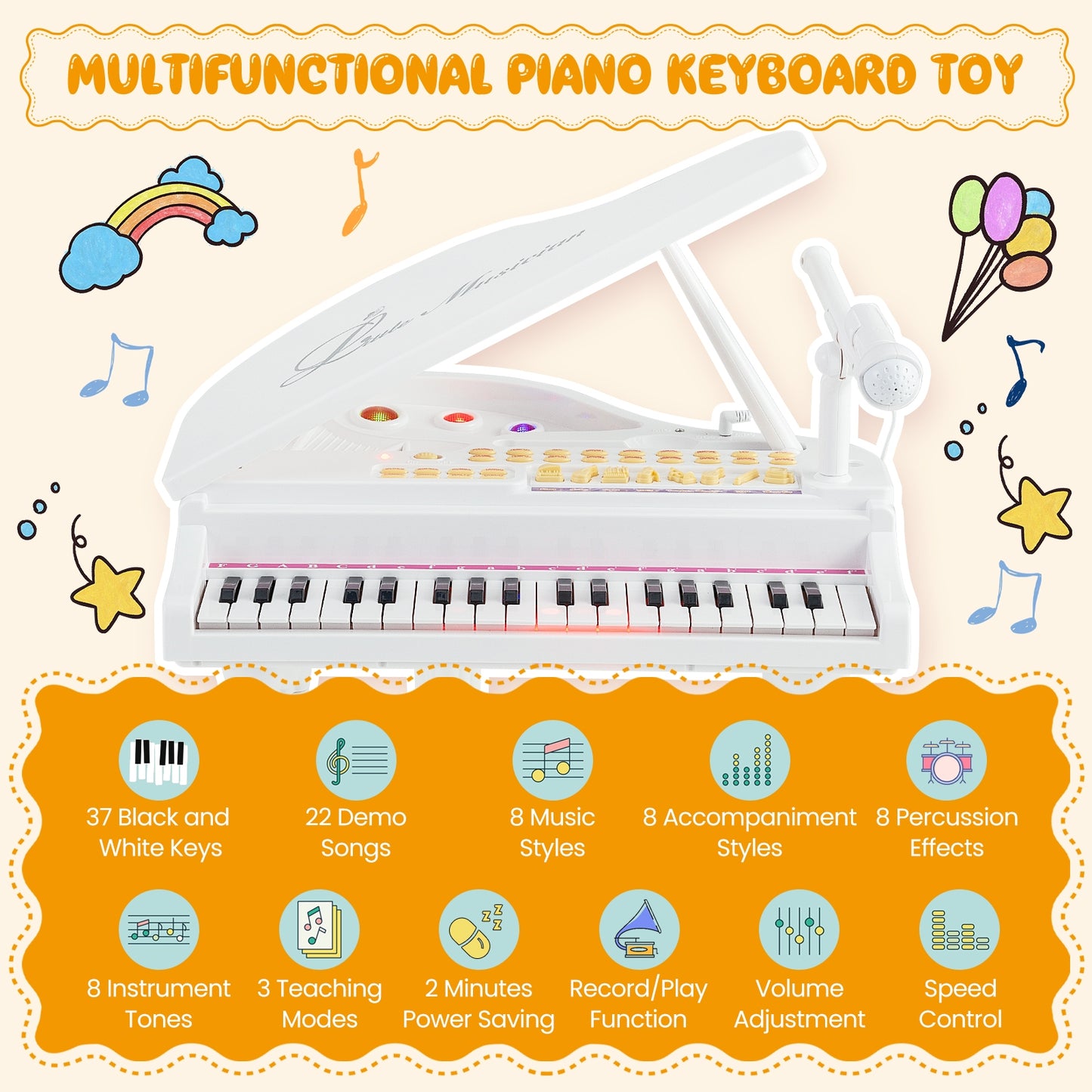 37 Keys Kids Piano Keyboard with Stool and Piano Lid, White Pianos & Keyboards   at Gallery Canada