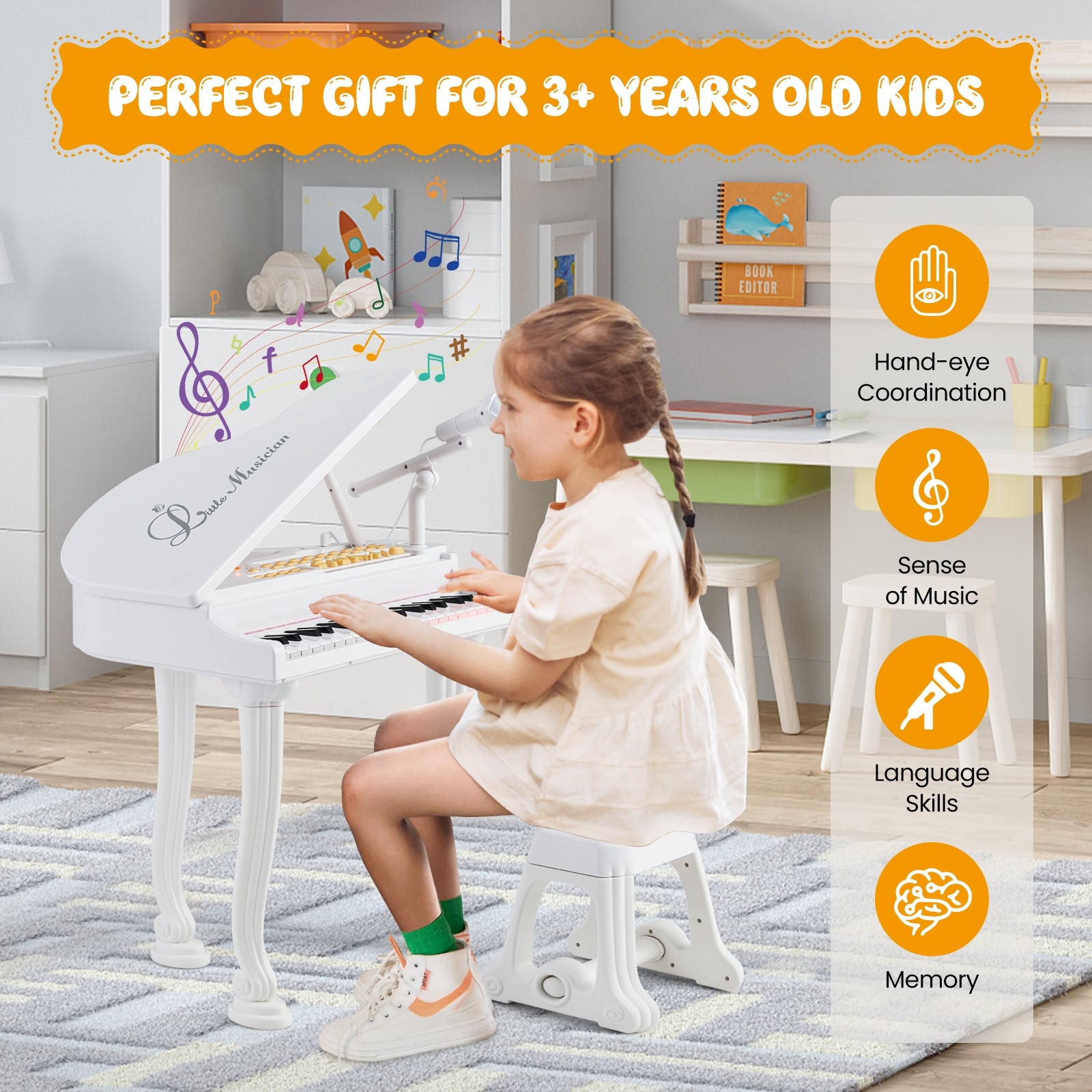 37 Keys Kids Piano Keyboard with Stool and Piano Lid, White Pianos & Keyboards   at Gallery Canada