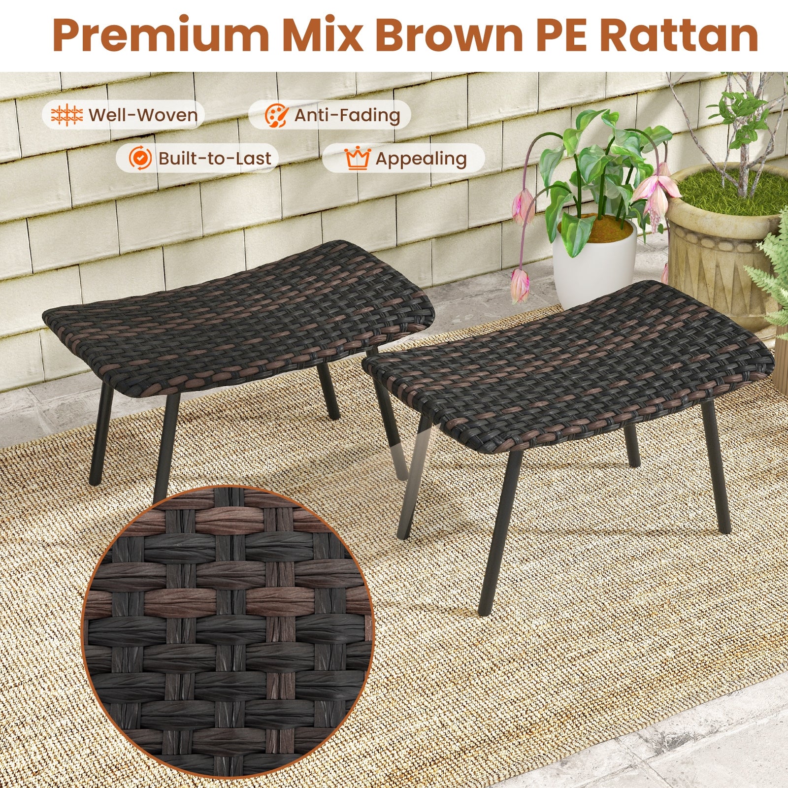 All Weather Outdoor Ottomans Set Patio Footrest Seats Set with Sturdy Metal Legs, Brown Ottomans   at Gallery Canada