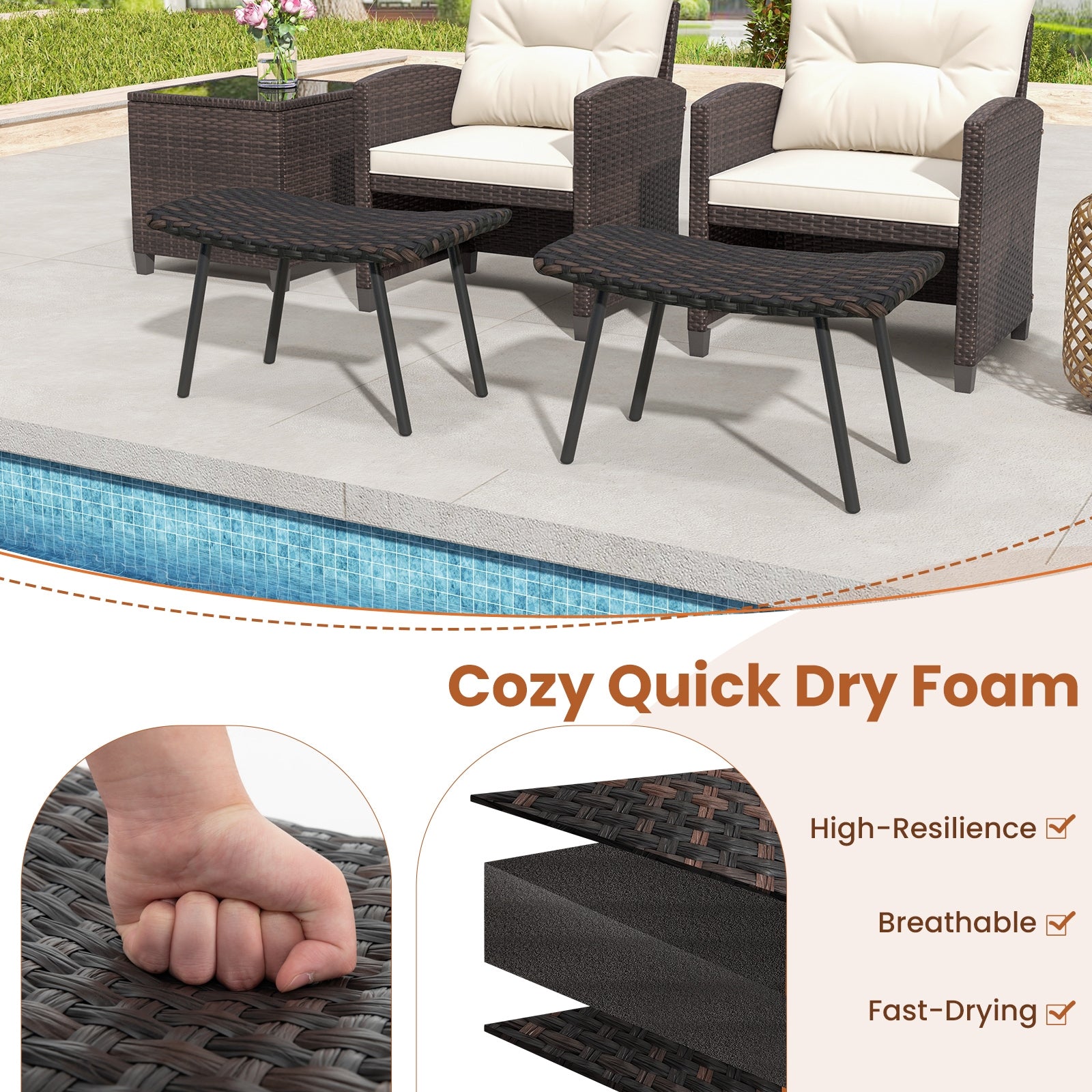 All Weather Outdoor Ottomans Set Patio Footrest Seats Set with Sturdy Metal Legs, Brown Ottomans   at Gallery Canada