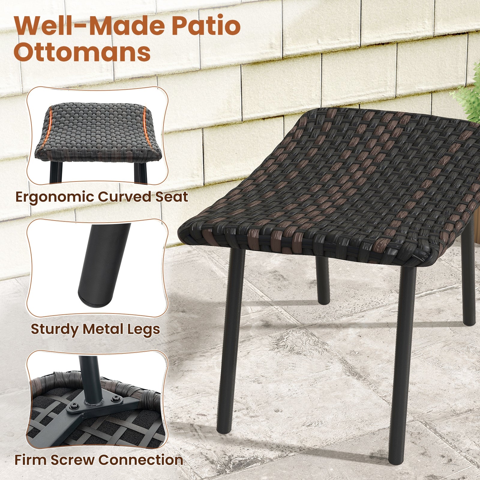 All Weather Outdoor Ottomans Set Patio Footrest Seats Set with Sturdy Metal Legs, Brown Ottomans   at Gallery Canada