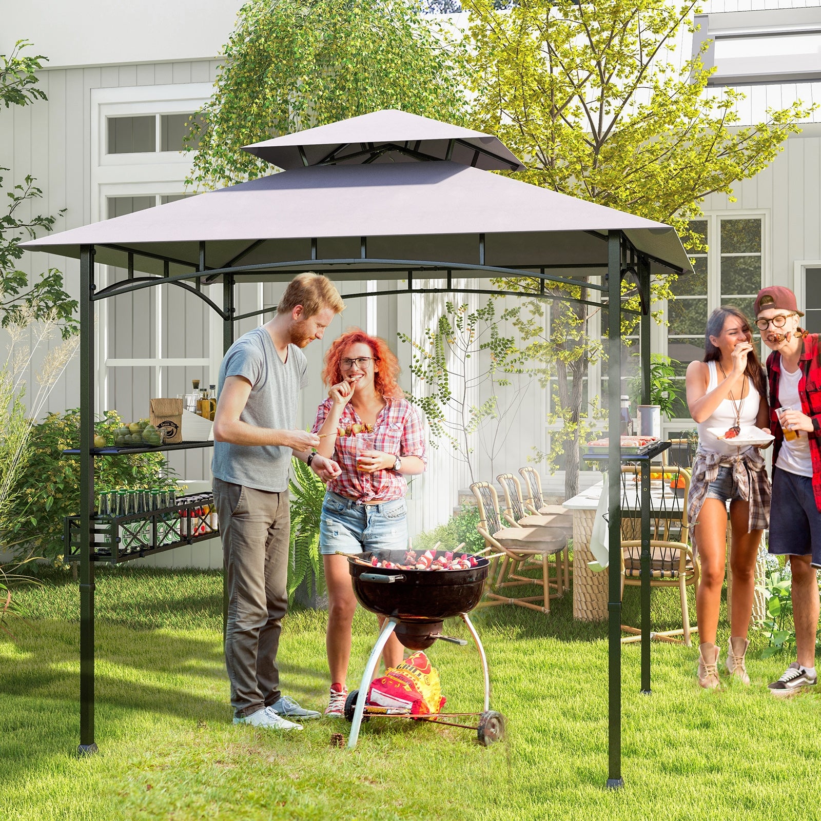 8 x 5 FT Outdoor Grill Gazebo with 2 Side Shelves and 20 Hooks, Gray Gazebos   at Gallery Canada