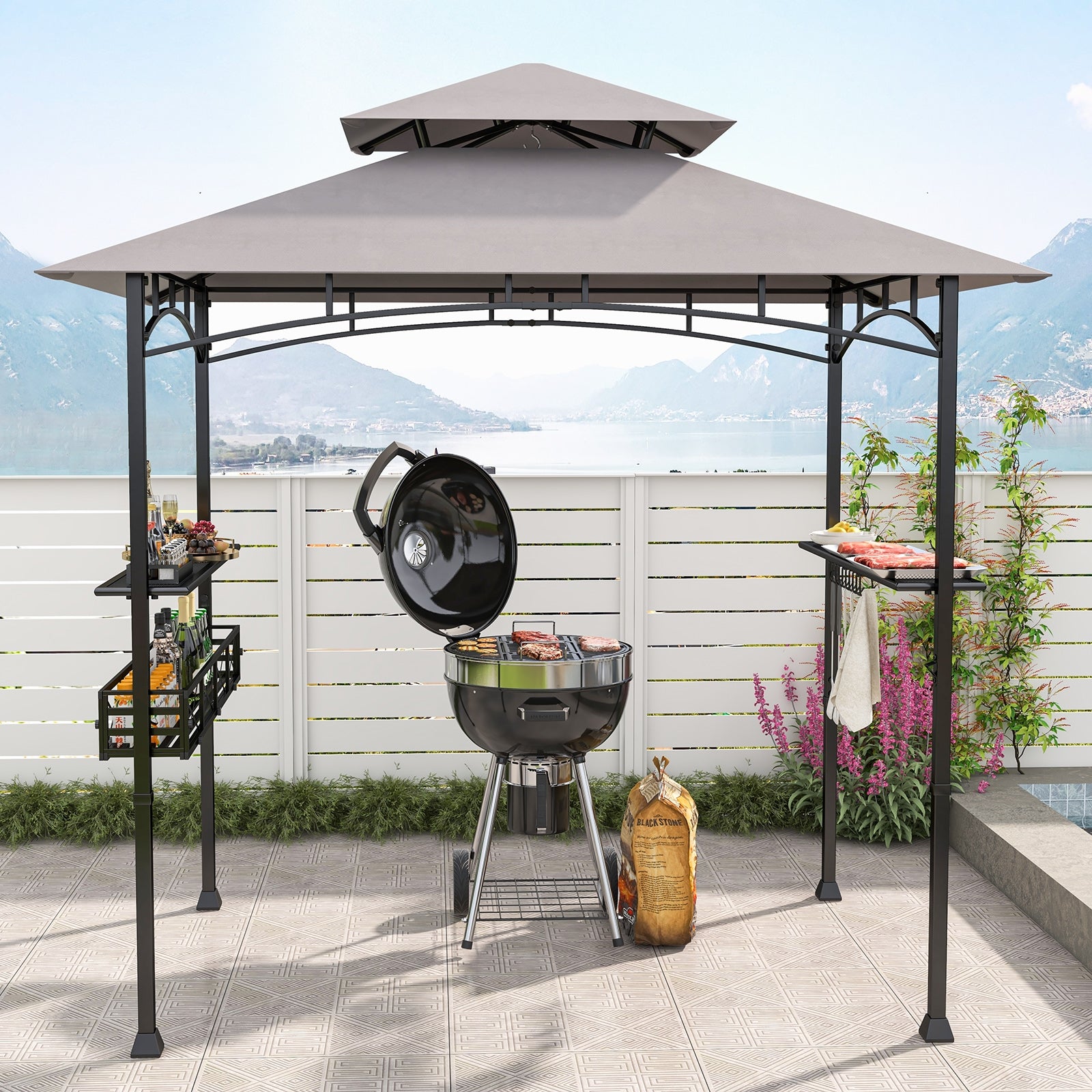 8 x 5 FT Outdoor Grill Gazebo with 2 Side Shelves and 20 Hooks, Gray Gazebos   at Gallery Canada