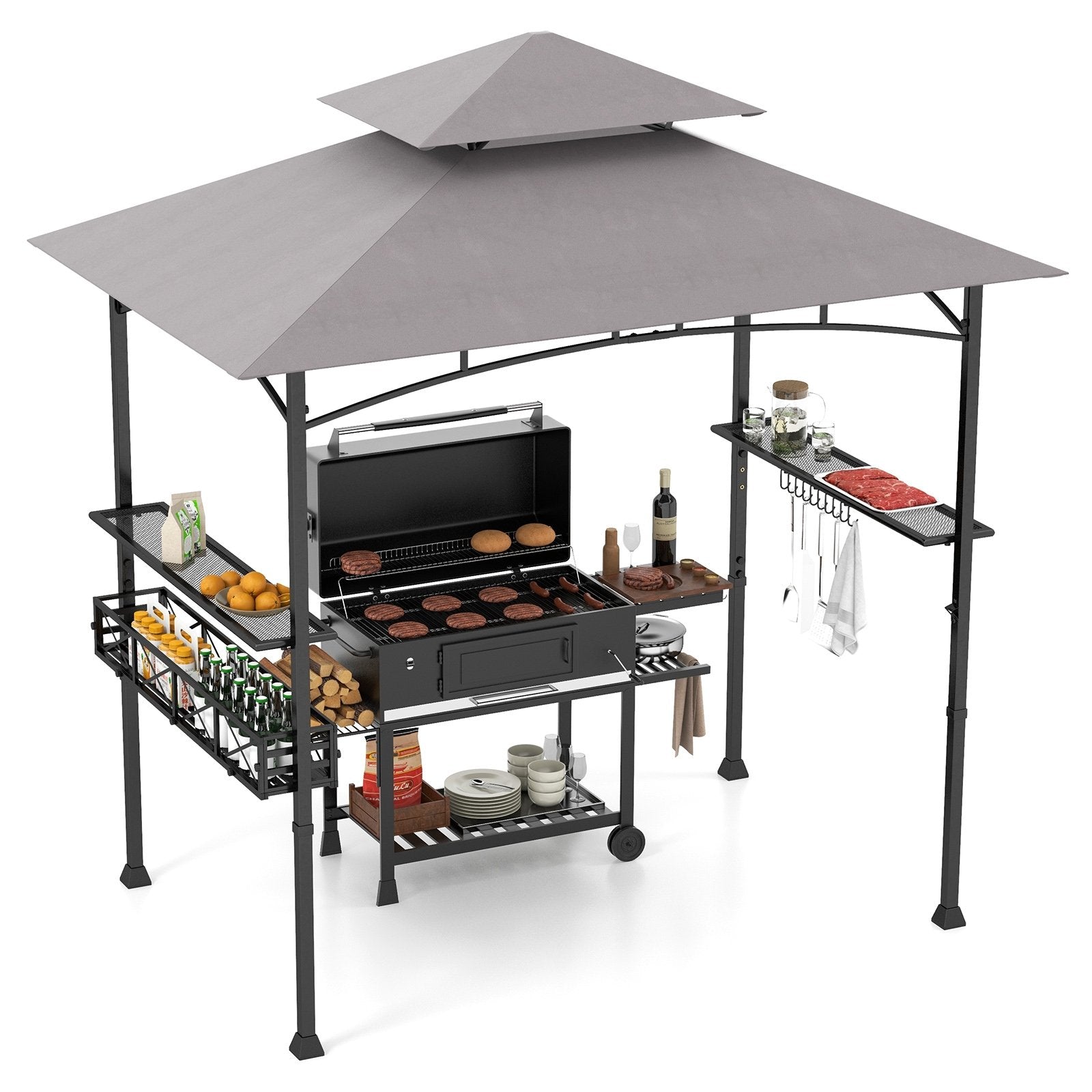 8 x 5 FT Outdoor Grill Gazebo with 2 Side Shelves and 20 Hooks, Gray Gazebos Gray  at Gallery Canada