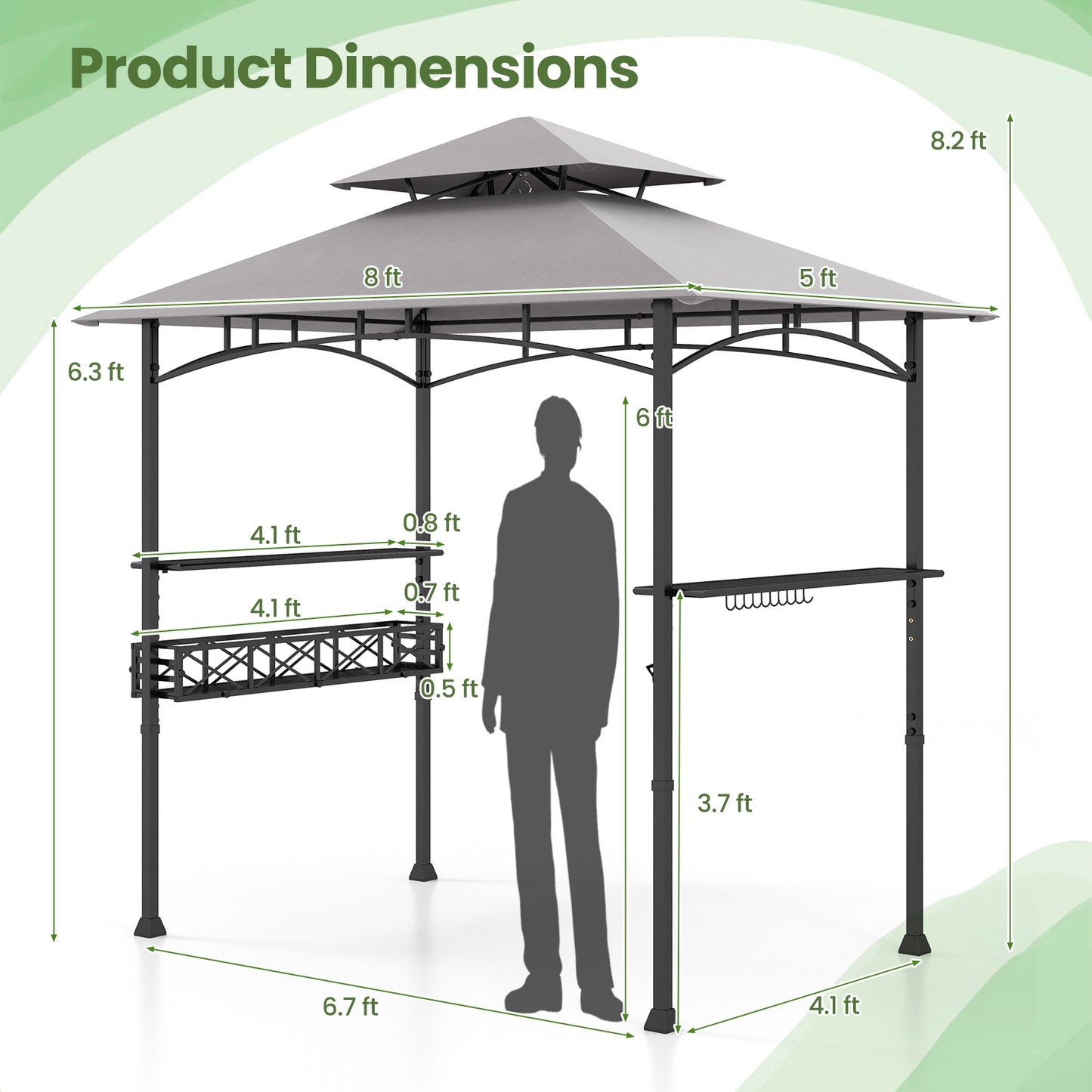 8 x 5 FT Outdoor Grill Gazebo with 2 Side Shelves and 20 Hooks, Gray Gazebos   at Gallery Canada