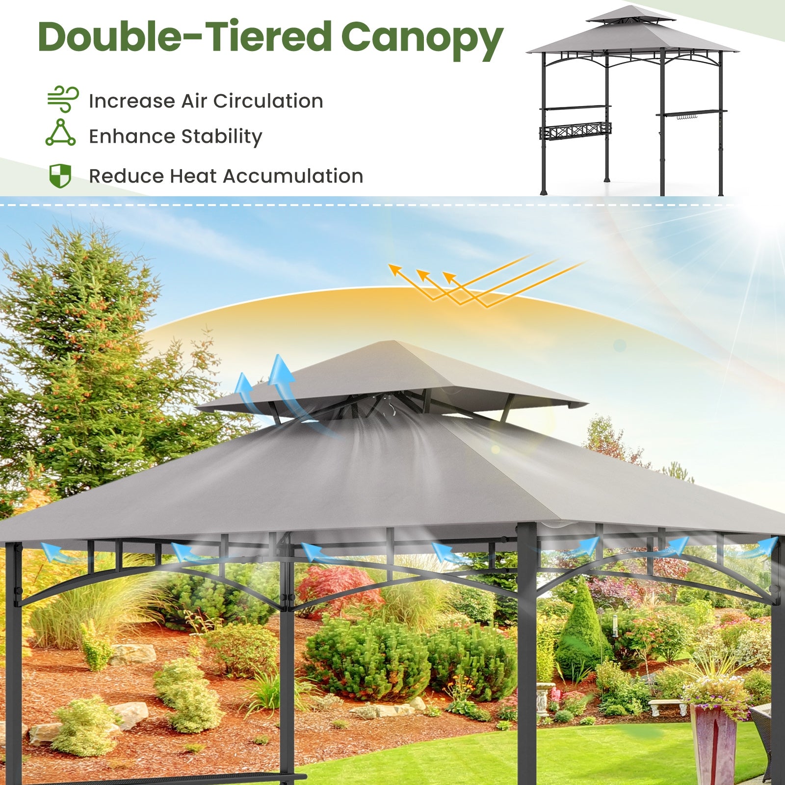 8 x 5 FT Outdoor Grill Gazebo with 2 Side Shelves and 20 Hooks, Gray Gazebos   at Gallery Canada