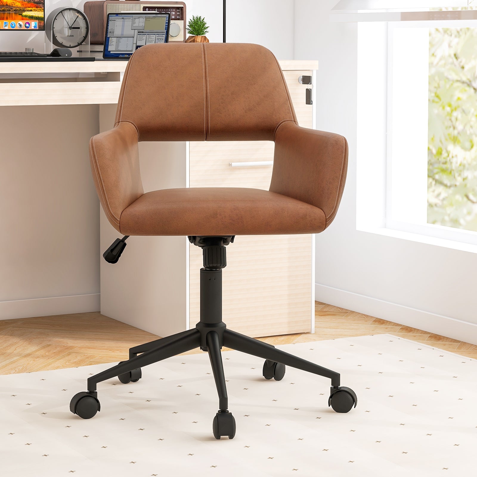 Mid Century Office Chair Faux Leather with Armrests, Brown Leisure Chairs   at Gallery Canada