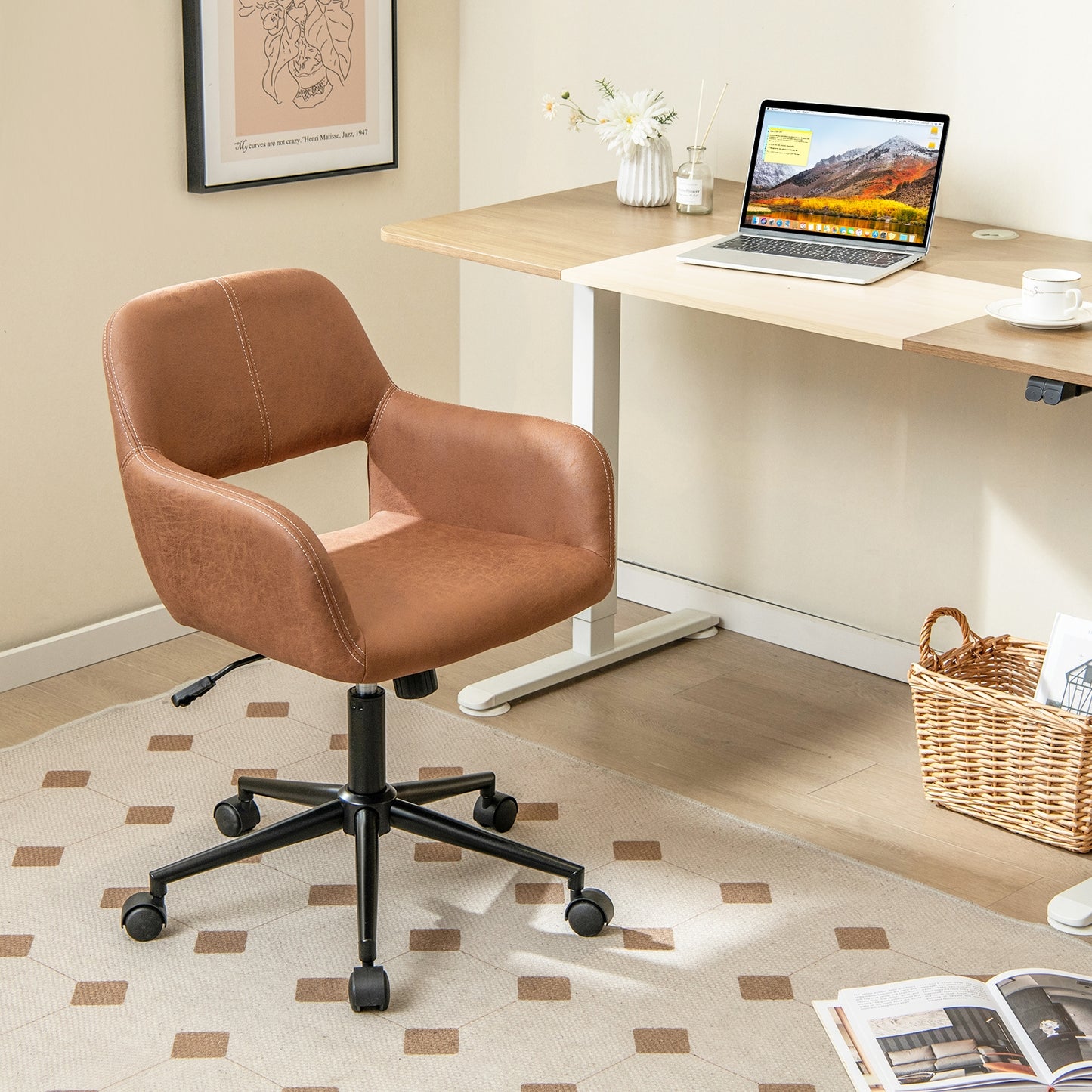 Mid Century Office Chair Faux Leather with Armrests, Brown Leisure Chairs   at Gallery Canada