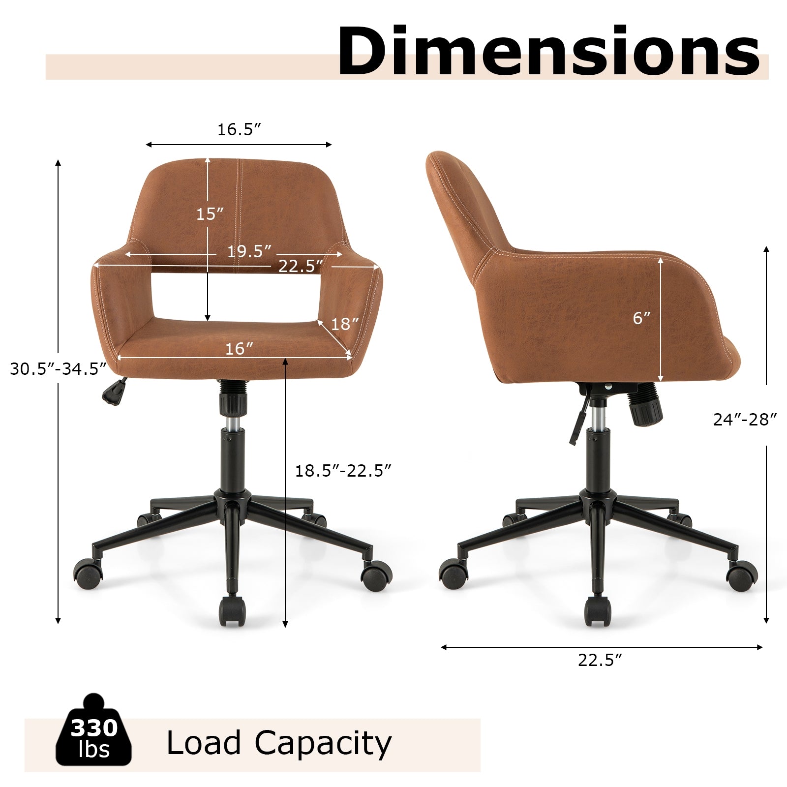 Mid Century Office Chair Faux Leather with Armrests, Brown Leisure Chairs   at Gallery Canada