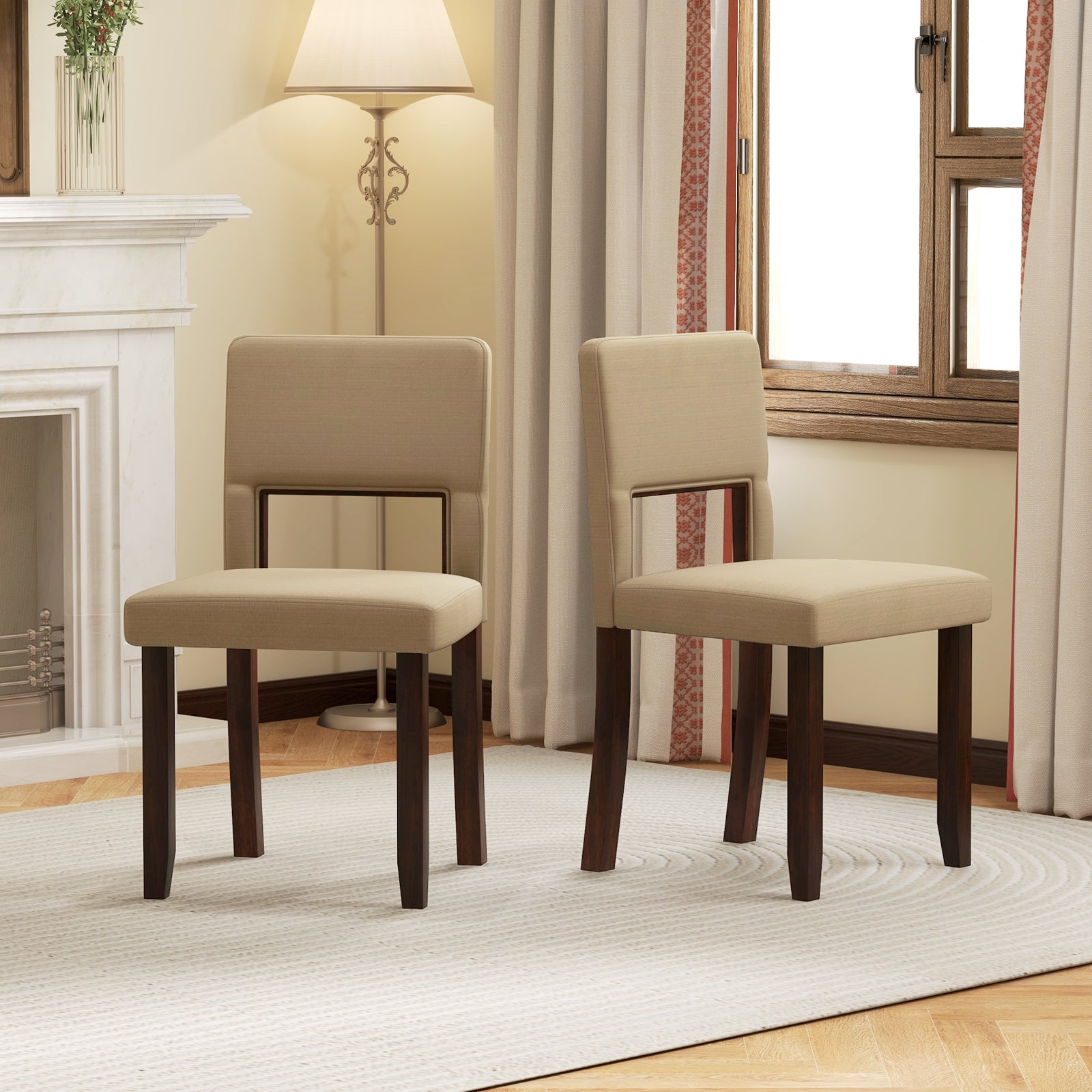 Set of 2 Wooden Dining Chair with Acacia Wood Frame Padded Seat and Back, Beige Dining Chairs   at Gallery Canada