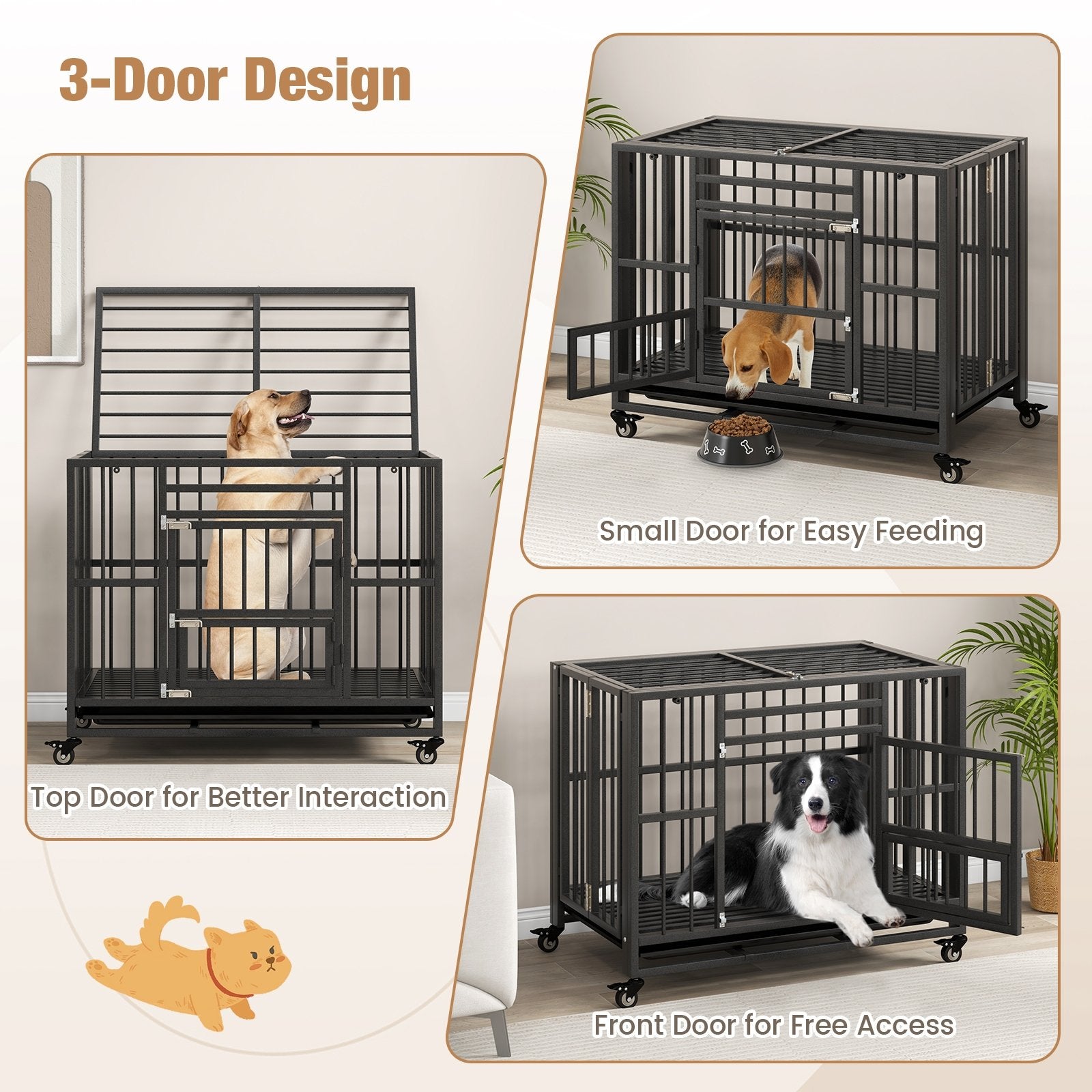 Foldable Heavy-Duty Metal Dog Cage Chew-proof Dog Crate with Lockable Universal Wheels, Black Dog Kennels   at Gallery Canada