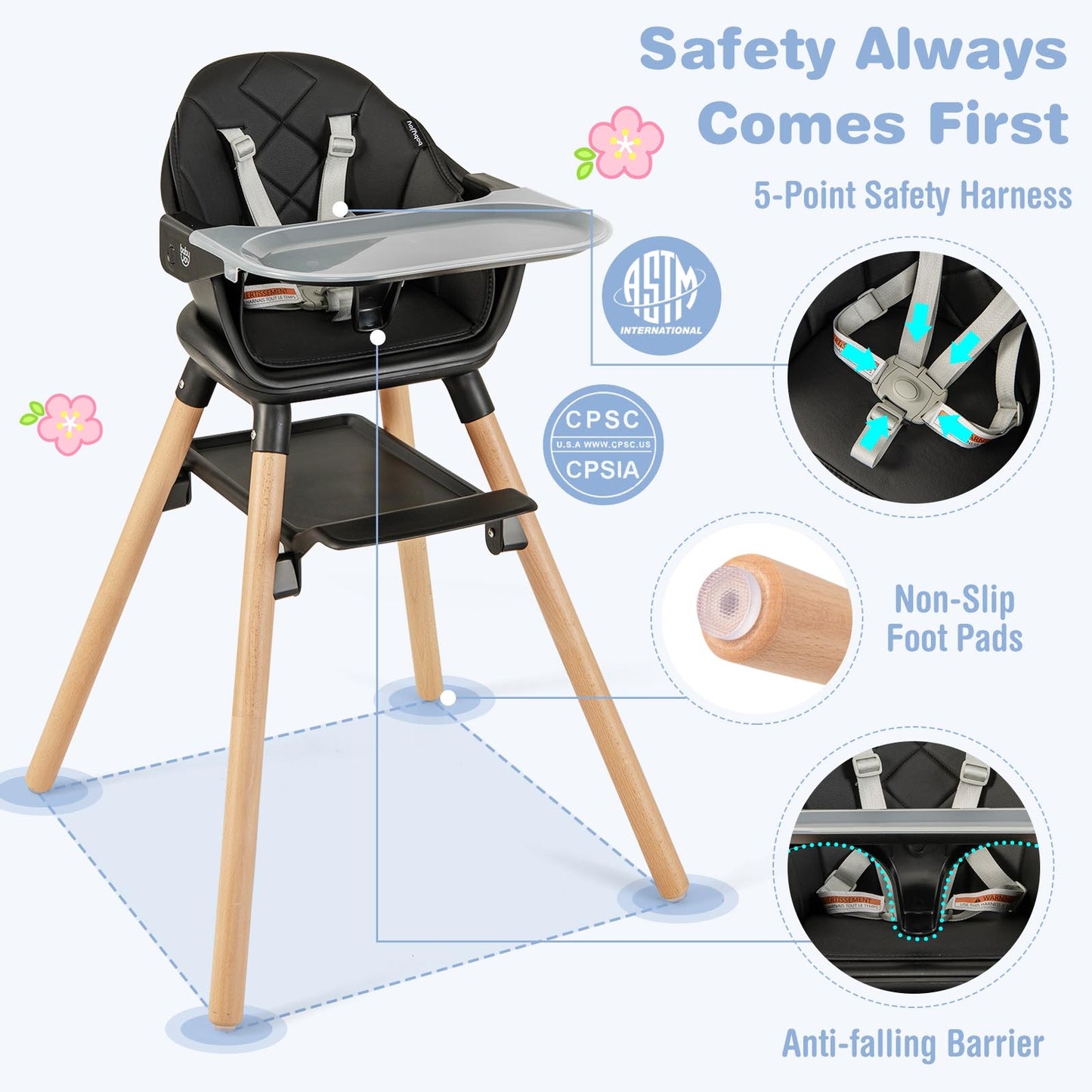 6 in 1 Convertible Highchair with Safety Harness and Removable Tray, Black High Chairs   at Gallery Canada