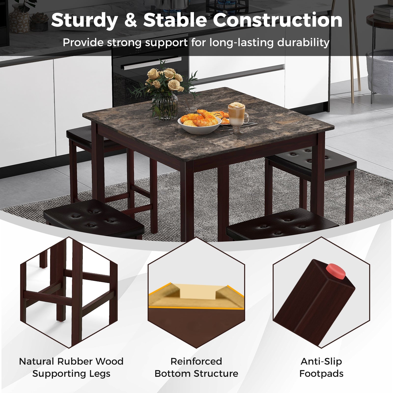 5 Pieces Bar Table Set Counter-Height Dining Table and 4 Bar Stools, Brown Dining Room Sets at Gallery Canada