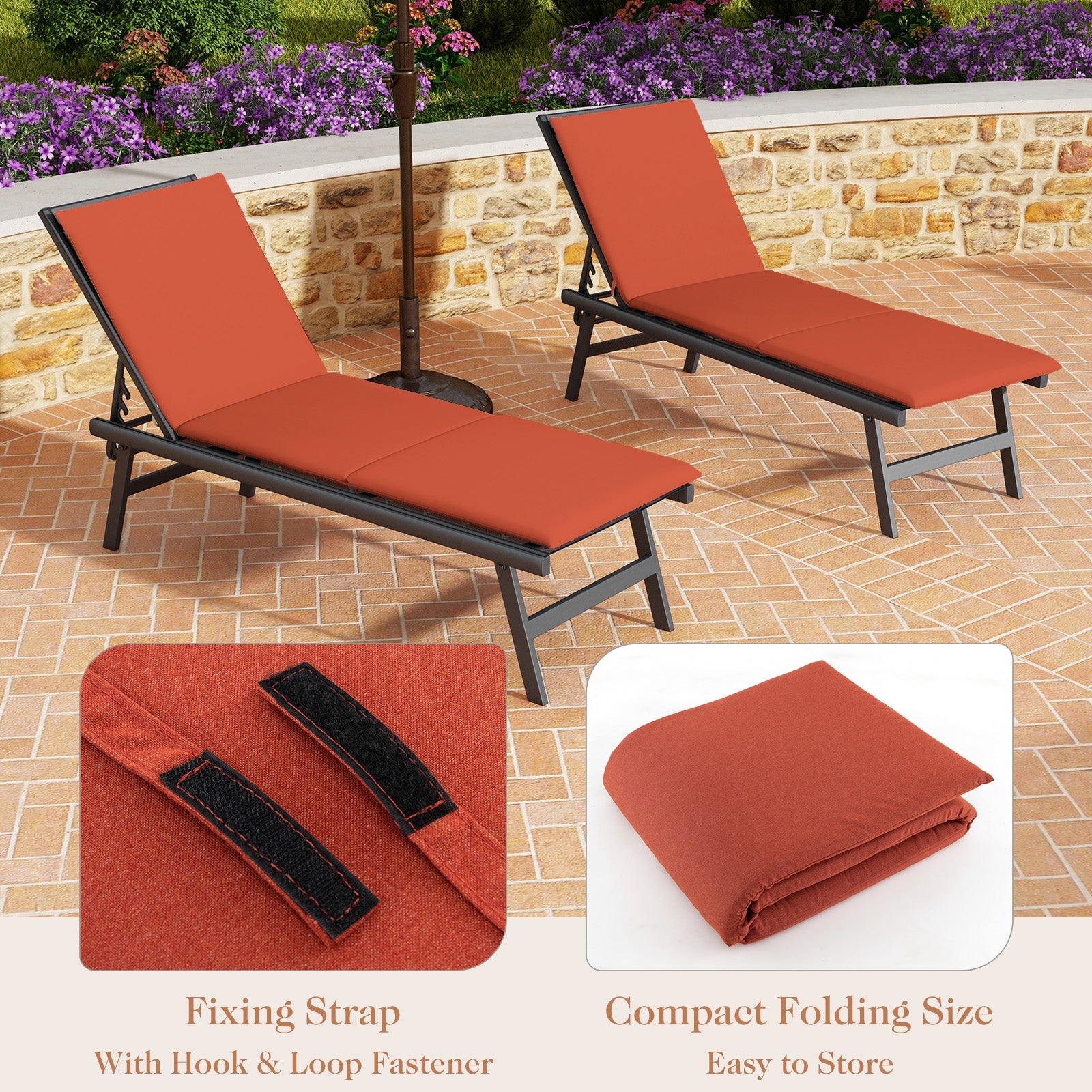 Outdoor Chaise Lounge Cushion Patio Furniture Folding Pad with Fixing Straps, Orange Outdoor Furniture Accessories   at Gallery Canada