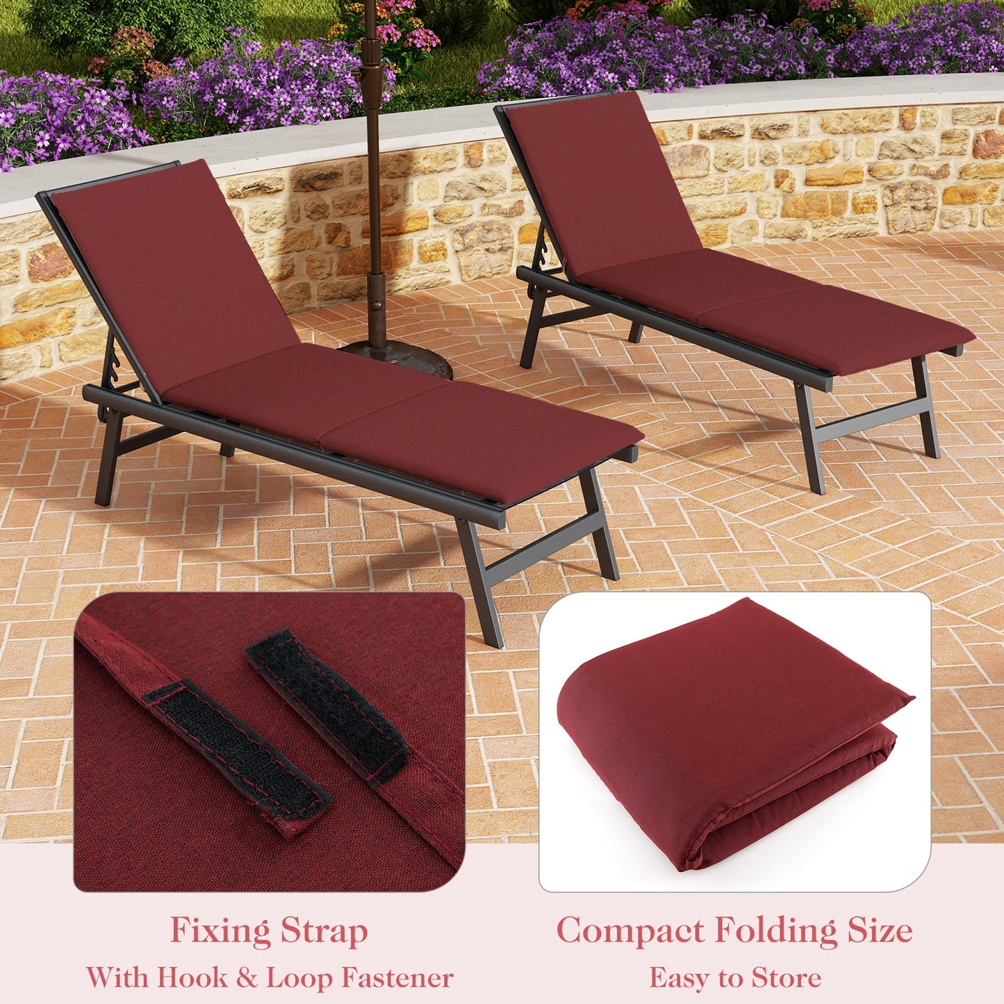 Outdoor Chaise Lounge Cushion Patio Furniture Folding Pad with Fixing Straps, Red Outdoor Furniture Accessories   at Gallery Canada