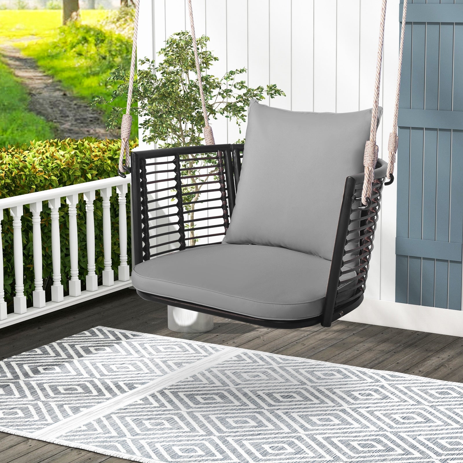 Single Person Hanging Seat with Woven Rattan Backrest for Backyard, Gray Patio Rocking Chairs & Gliders   at Gallery Canada