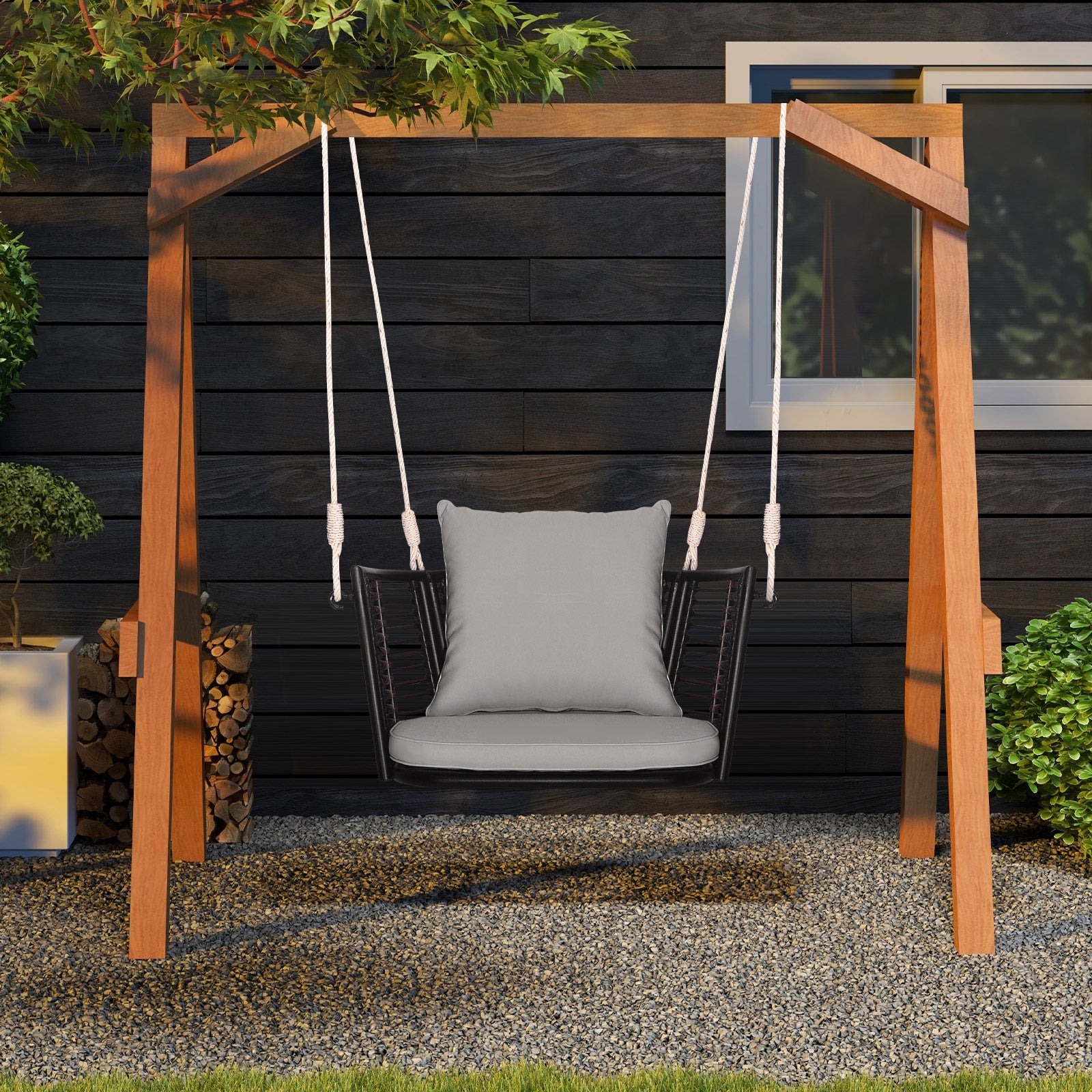 Single Person Hanging Seat with Woven Rattan Backrest for Backyard, Gray Patio Rocking Chairs & Gliders   at Gallery Canada