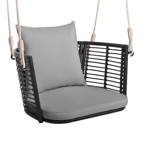 Single Person Hanging Seat with Woven Rattan Backrest for Backyard, Gray