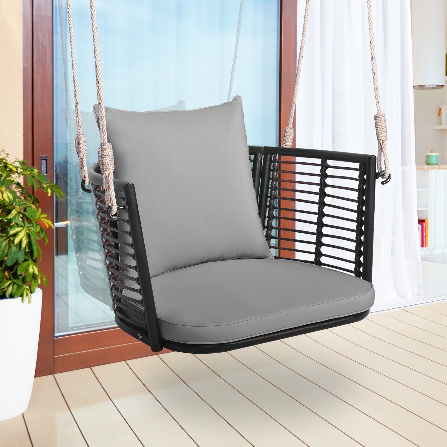 Single Person Hanging Seat with Woven Rattan Backrest for Backyard, Gray Patio Rocking Chairs & Gliders   at Gallery Canada