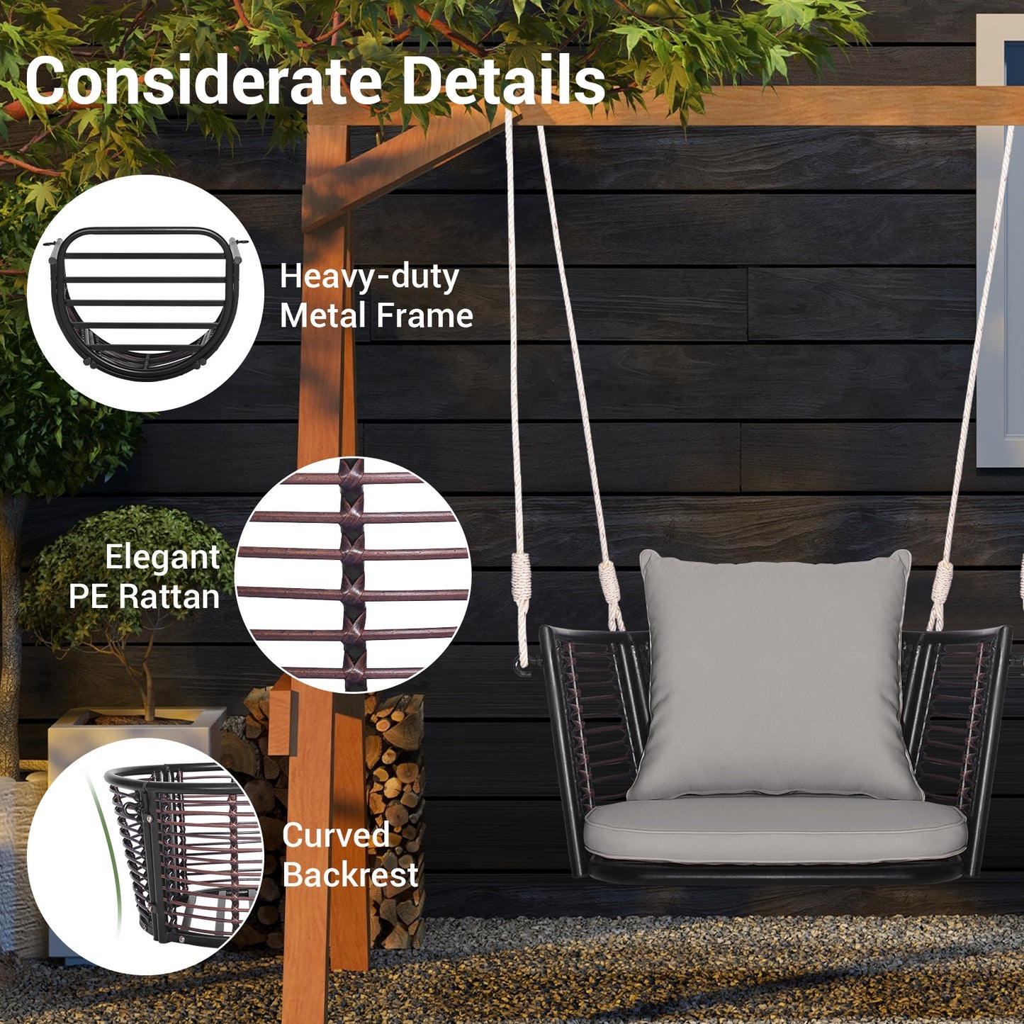 Single Person Hanging Seat with Woven Rattan Backrest for Backyard, Gray Patio Rocking Chairs & Gliders   at Gallery Canada