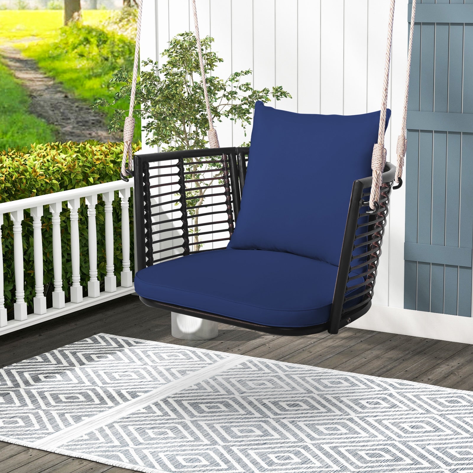 Single Person Hanging Seat with Woven Rattan Backrest for Backyard, Blue Patio Rocking Chairs & Gliders   at Gallery Canada