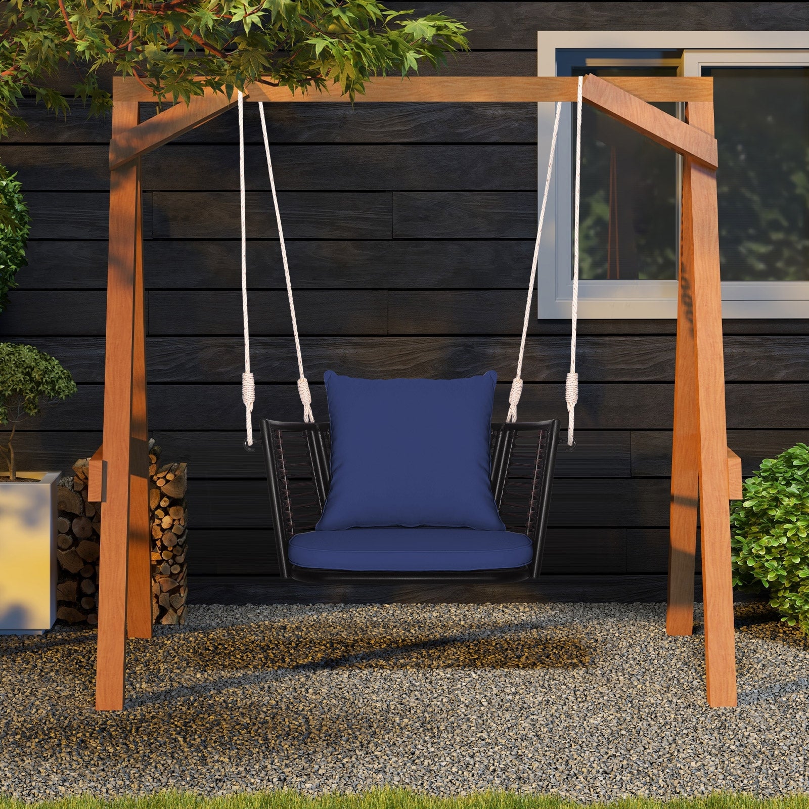 Single Person Hanging Seat with Woven Rattan Backrest for Backyard, Blue Patio Rocking Chairs & Gliders   at Gallery Canada