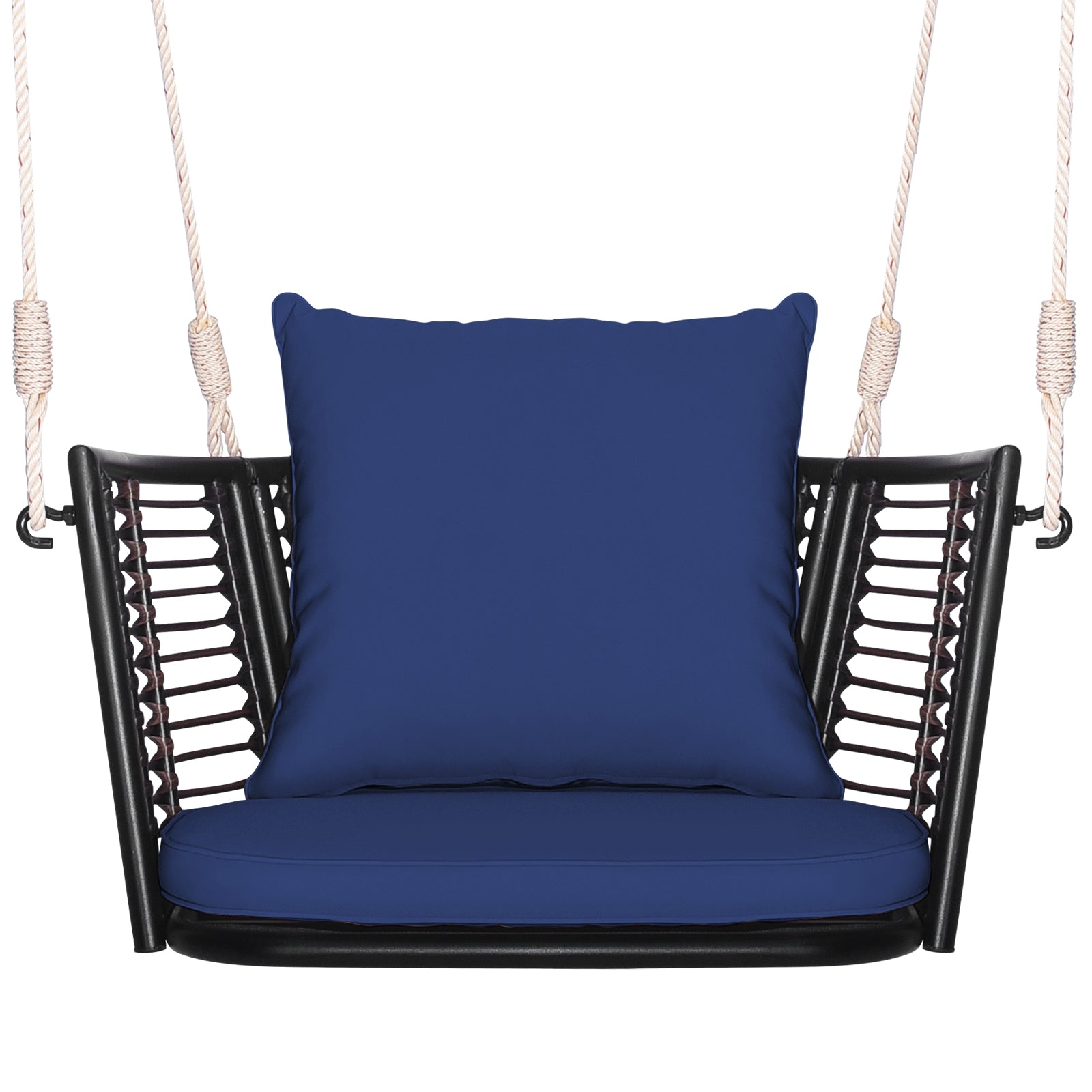 Single Person Hanging Seat with Woven Rattan Backrest for Backyard, Blue Patio Rocking Chairs & Gliders   at Gallery Canada