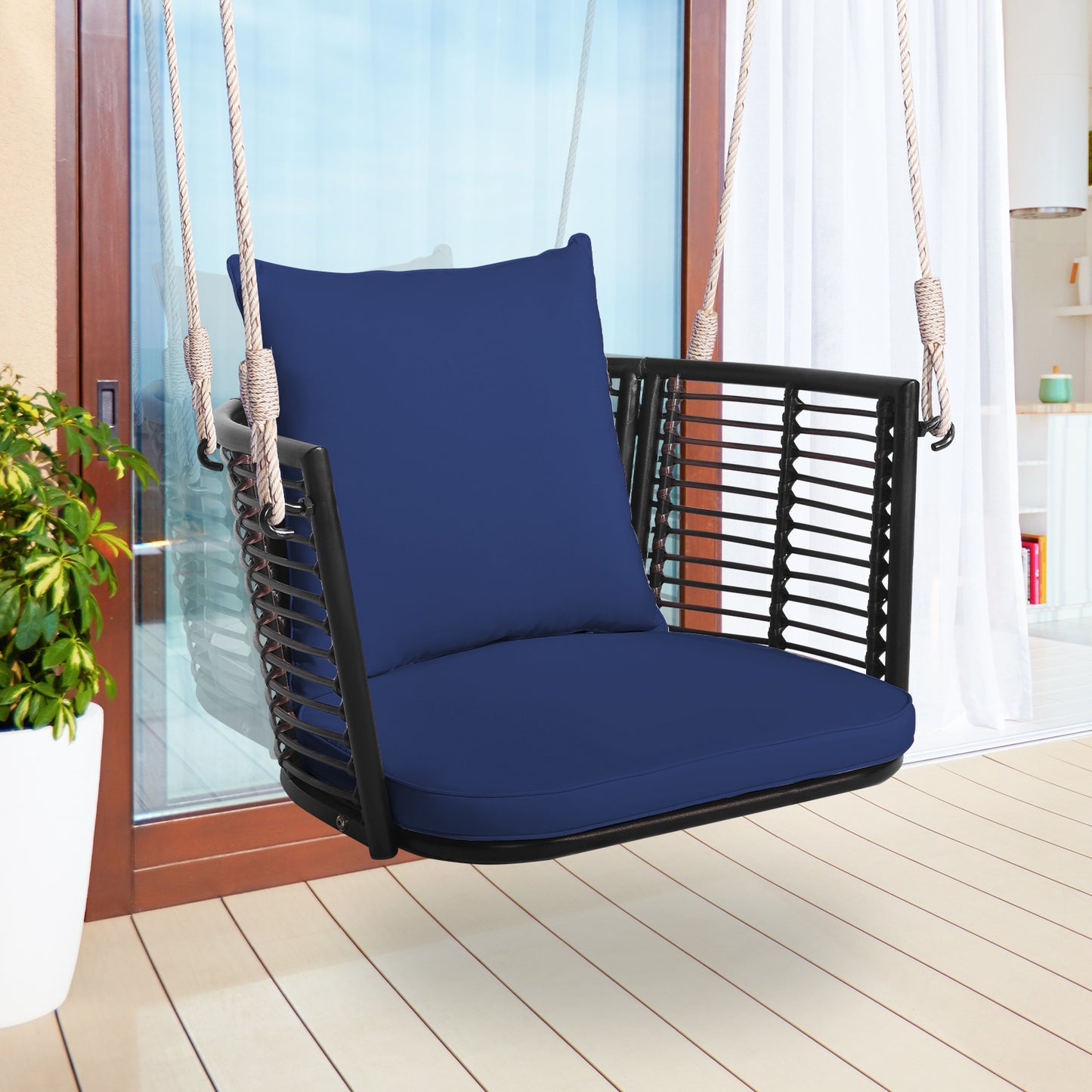 Single Person Hanging Seat with Woven Rattan Backrest for Backyard, Blue Patio Rocking Chairs & Gliders   at Gallery Canada