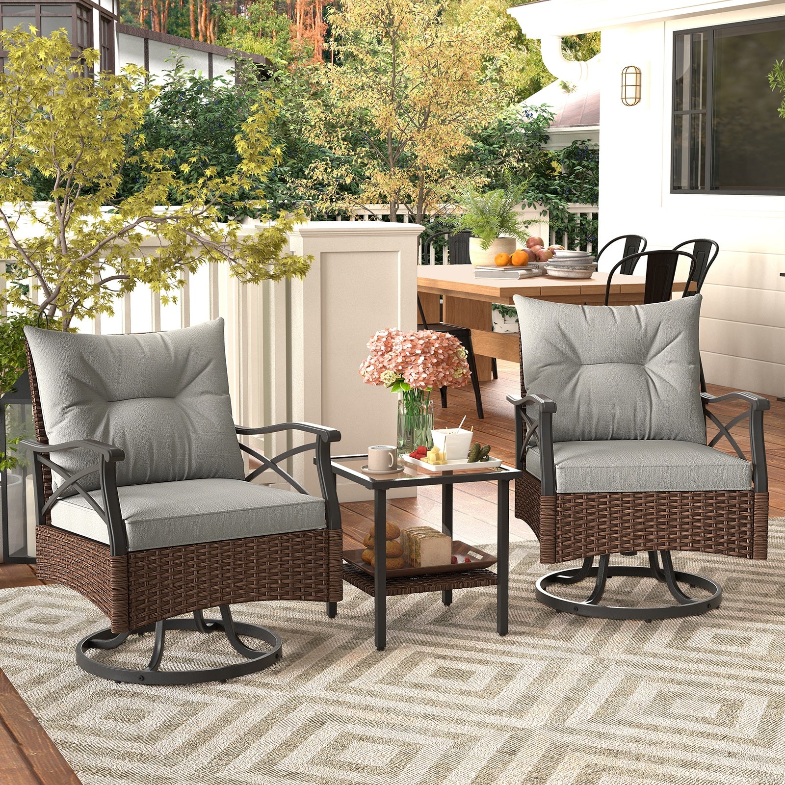 3 Pieces Outdoor Swivel Rocking Chairs Set with 2-Tier Tempered Glass Side Table, Brown Patio Conversation Sets   at Gallery Canada