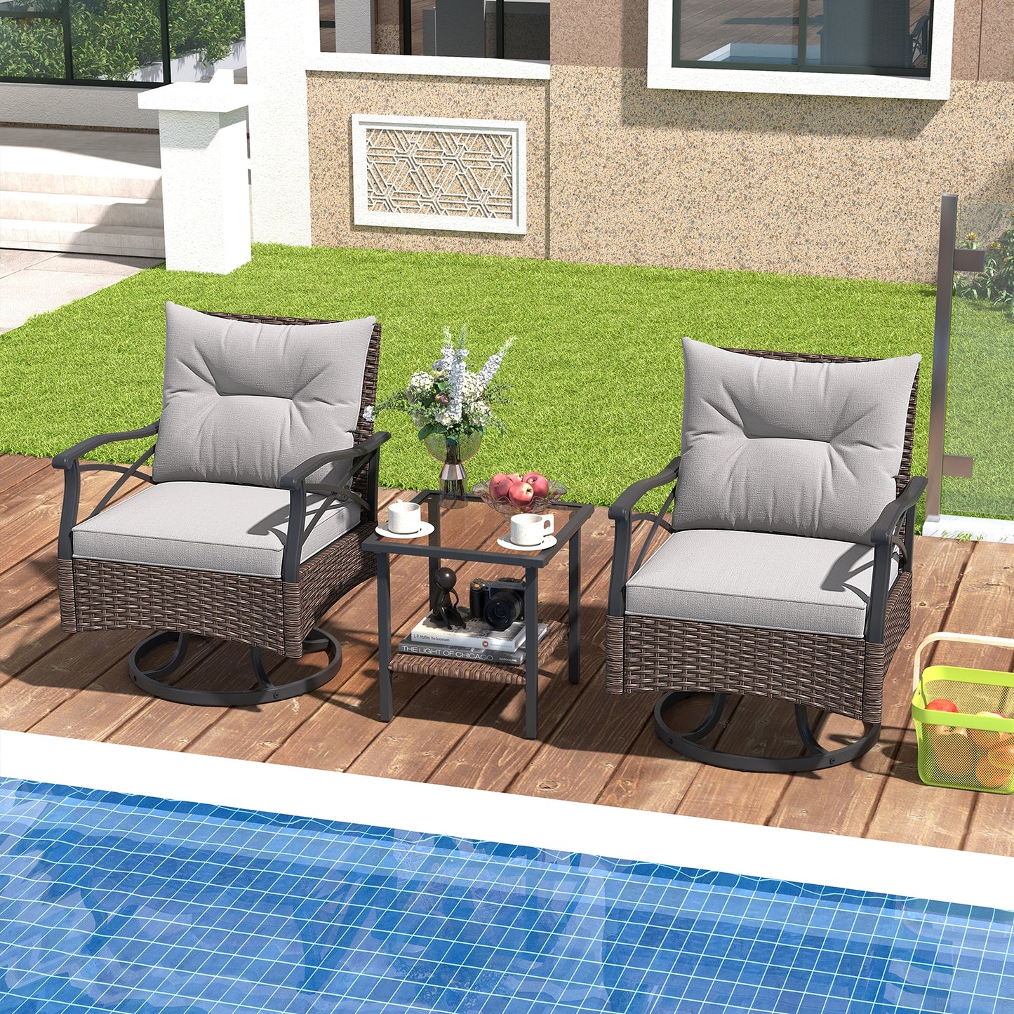 3 Pieces Outdoor Swivel Rocking Chairs Set with 2-Tier Tempered Glass Side Table, Brown Patio Conversation Sets   at Gallery Canada