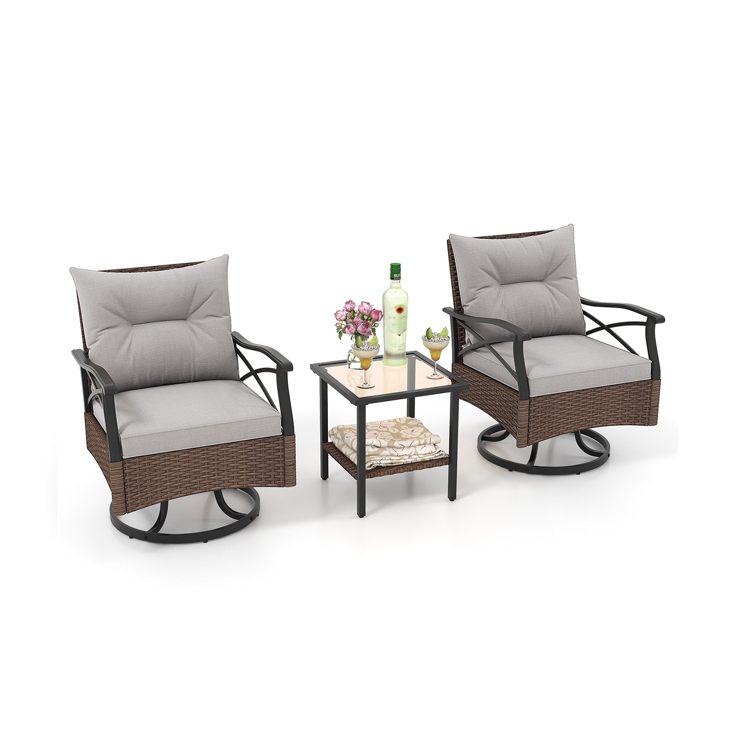 3 Pieces Outdoor Swivel Rocking Chairs Set with 2-Tier Tempered Glass Side Table, Brown Patio Conversation Sets Brown  at Gallery Canada