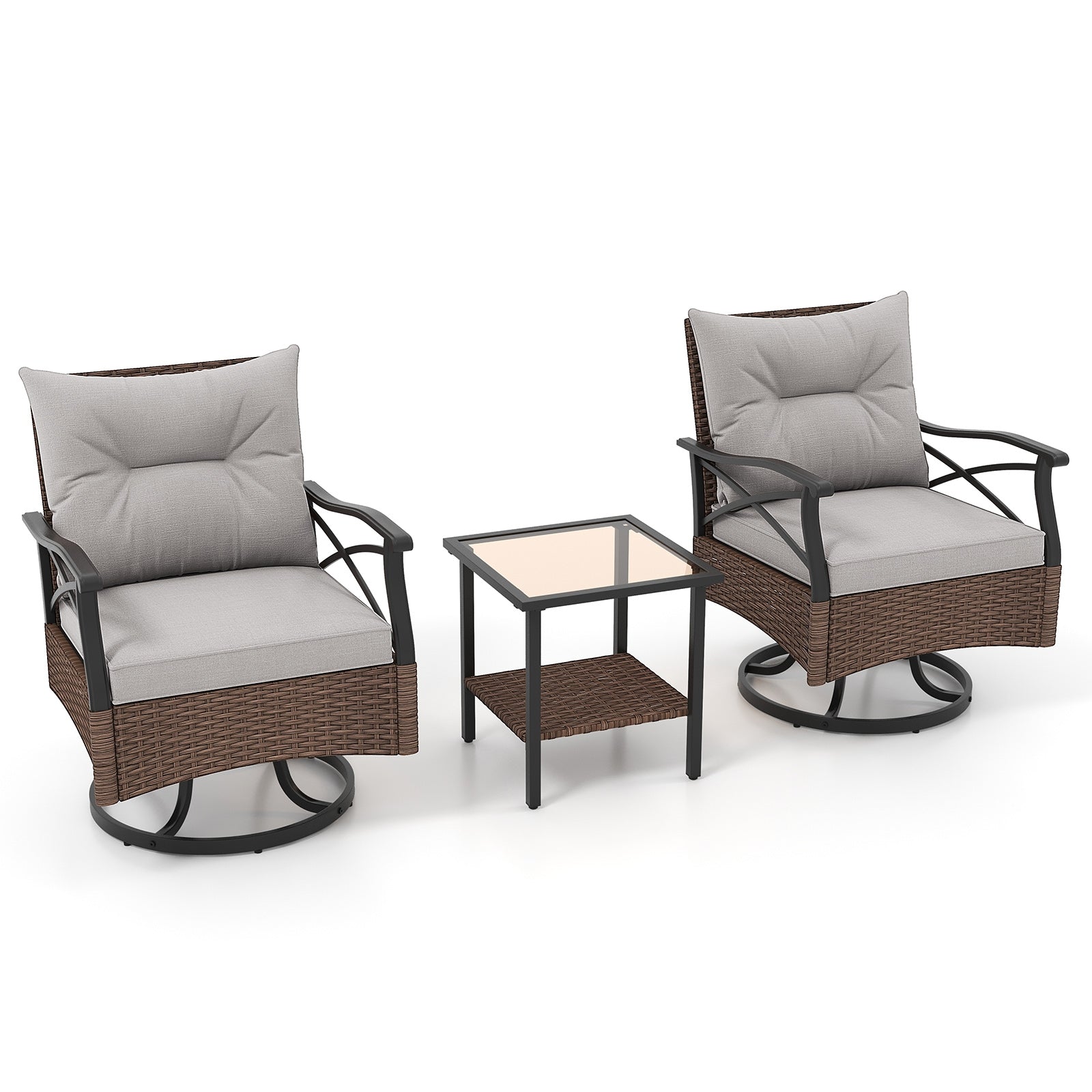 3 Pieces Outdoor Swivel Rocking Chairs Set with 2-Tier Tempered Glass Side Table, Brown Patio Conversation Sets   at Gallery Canada